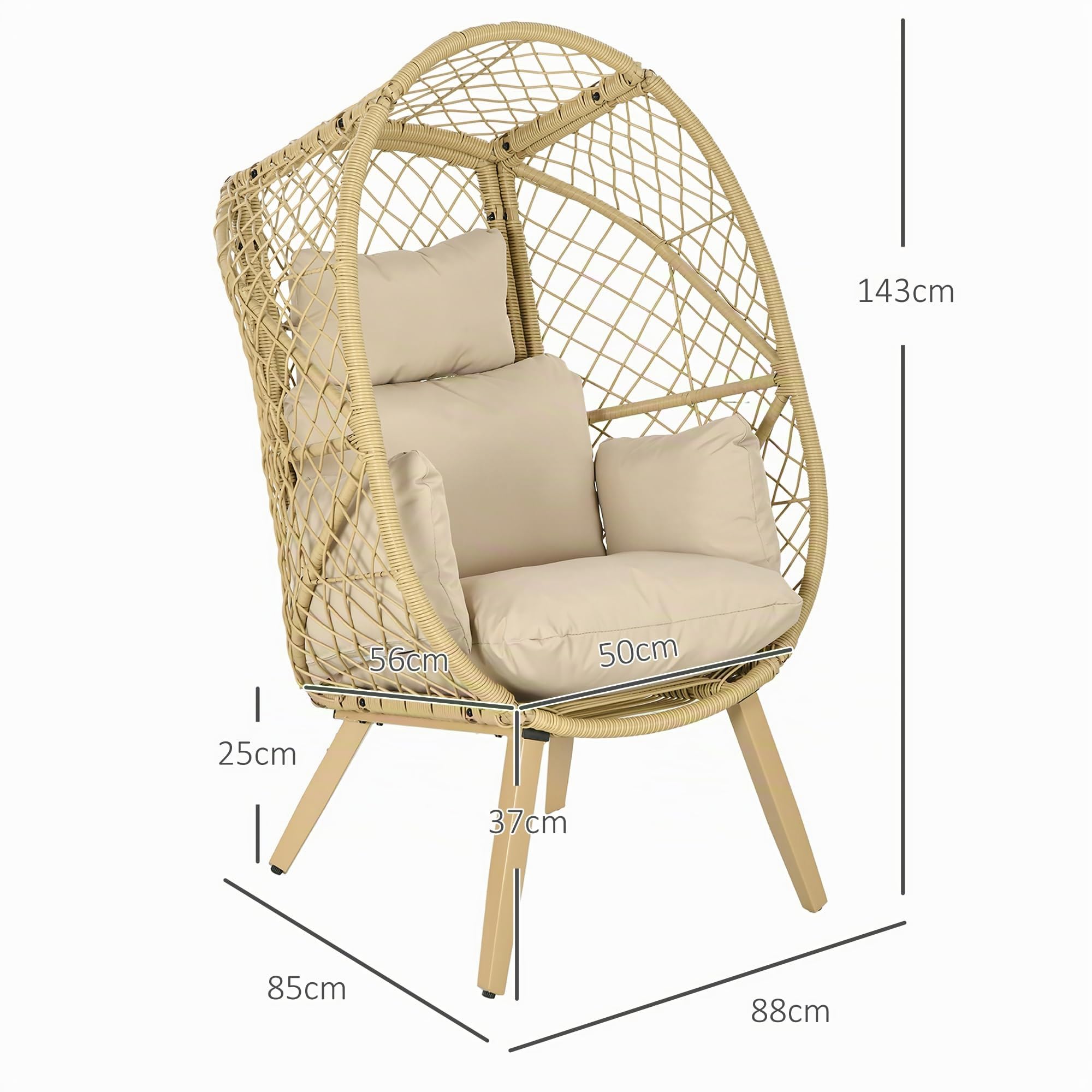 Outsunny Fauteuil œuf sur Pied en résine Effet rotin avec Coussins Polyester, Structure en métal, dim. 88x85x143 cm