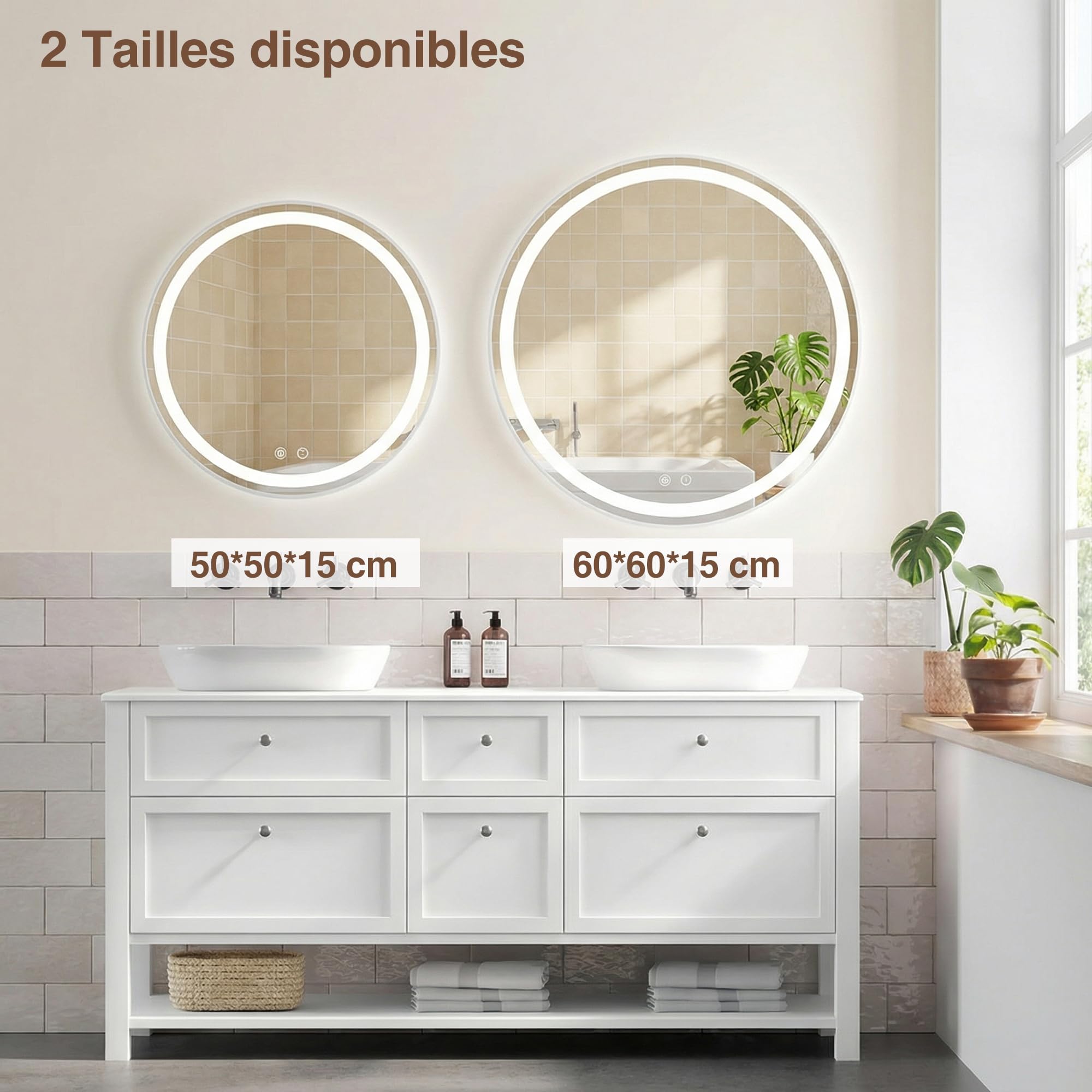 Armoire Miroir Salle de Bain avec Éclairage et Antibuée Murale Ronde Armoire de Toilette avec Miroir et Loupe grossissante 10x Noir 50x50 Meuble Salle de Bain avec Prise (Aucun Assemblage requis)