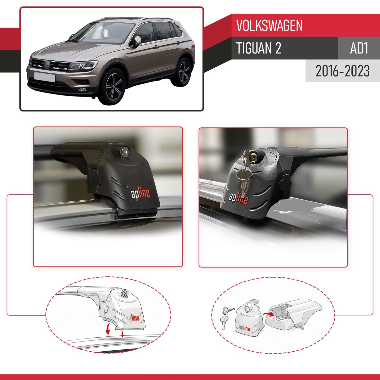 Compatible con Volkswagen Tiguan 2 (AD1) 2016-2023 Modelo Ace-2 Barra de Techo Auto Portaequipajes Barras Transversales Negro Aluminio 2 Barras