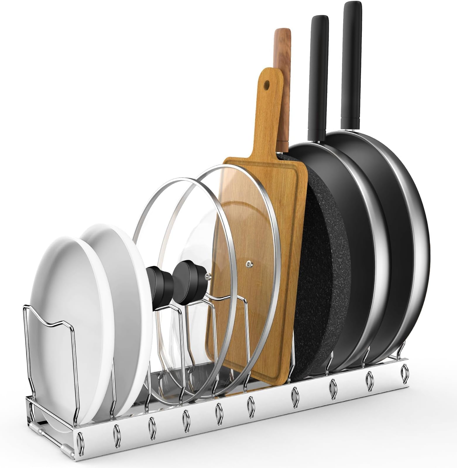 FLSEPAMB Lid Organizer Pot Lid Organizer 10-Tier Pot Lid Rack Holder Suitable for Bakeware Dish Plate, Cutting Boards, Pots & Pans, Serving Trays, Reusable Containers in Cabinet Pantry (1 Pack)