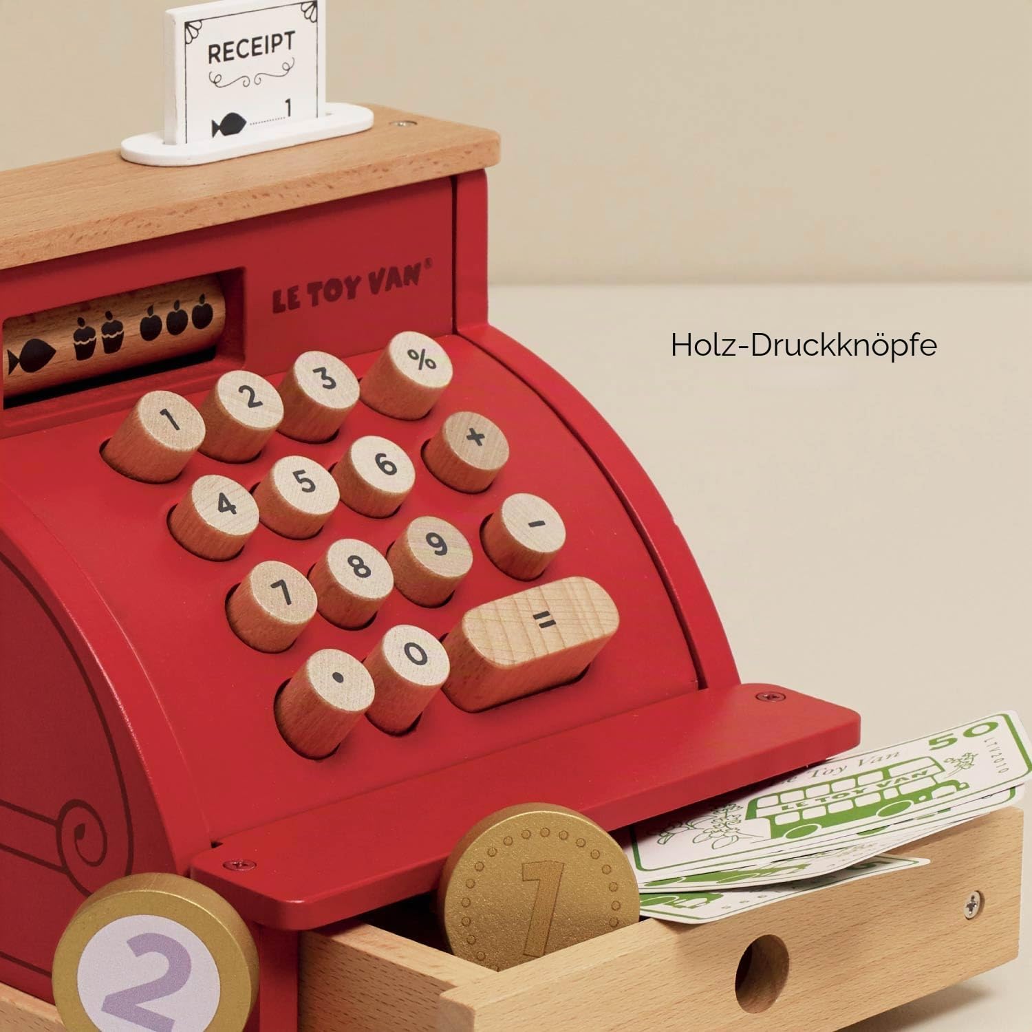 Le Toy Van – Honeybake Rollenspiel Kasse aus Holz mit Kassenbeleg, Kassenschublade und Spielgeld | Ideal für Rollenspiel Supermarkt, Lebensmittelladen oder Café, Geldkasse, TV295