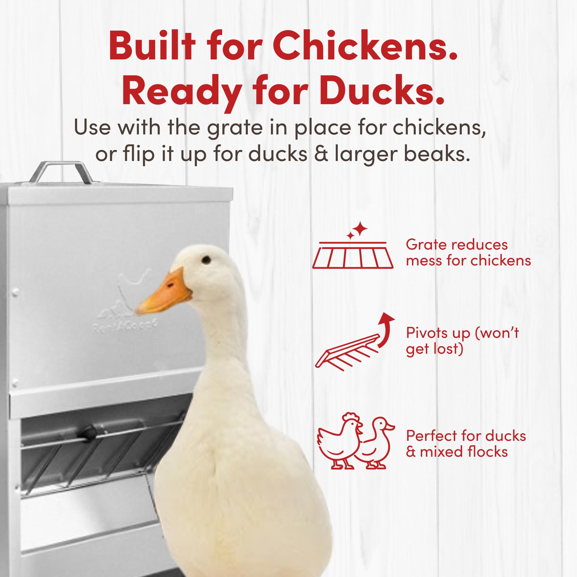 RentACoop Comedero galvanizado para pollo, dispensador de alimentos para aves de corral resistente a la intemperie con tapa, capacidad de 25 libras