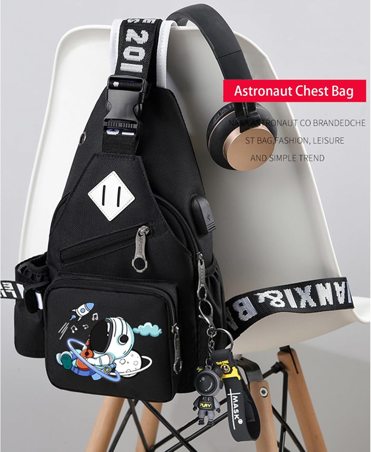 Crossbody Sling Backpack For Men Anime Fashion One-Shoulder Bag Cartoon Luminous Pattern Backpack (Black Guitar)