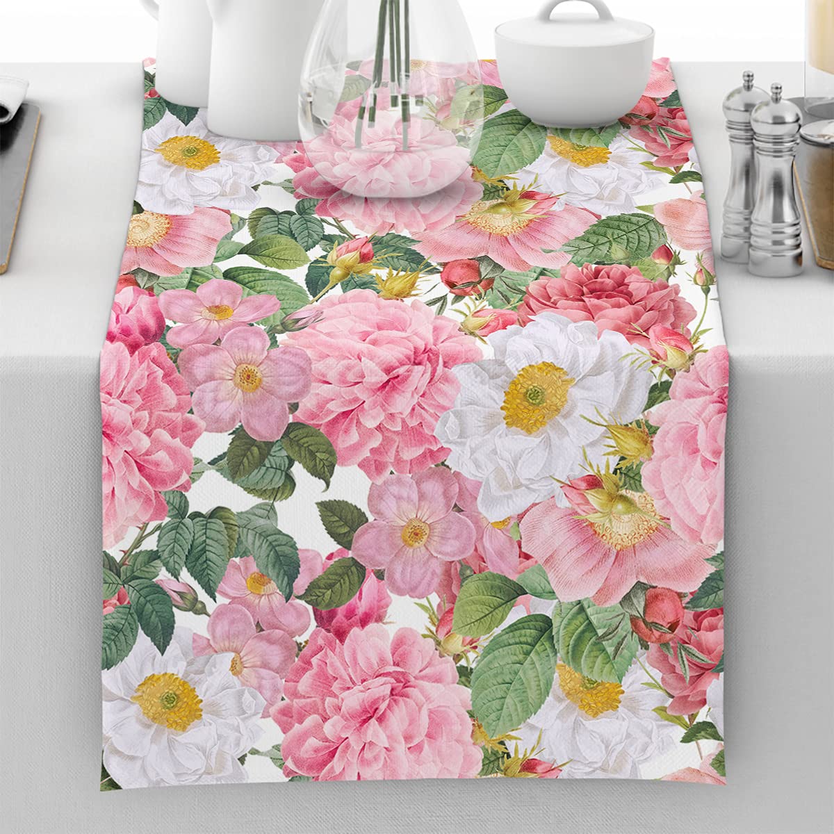 Flower Table Runner Kitchen Dining Table Decoration, Spring Summer Floral Tablecloth, Waterproof and Wipeable,13 x 72 Inch (Pink)