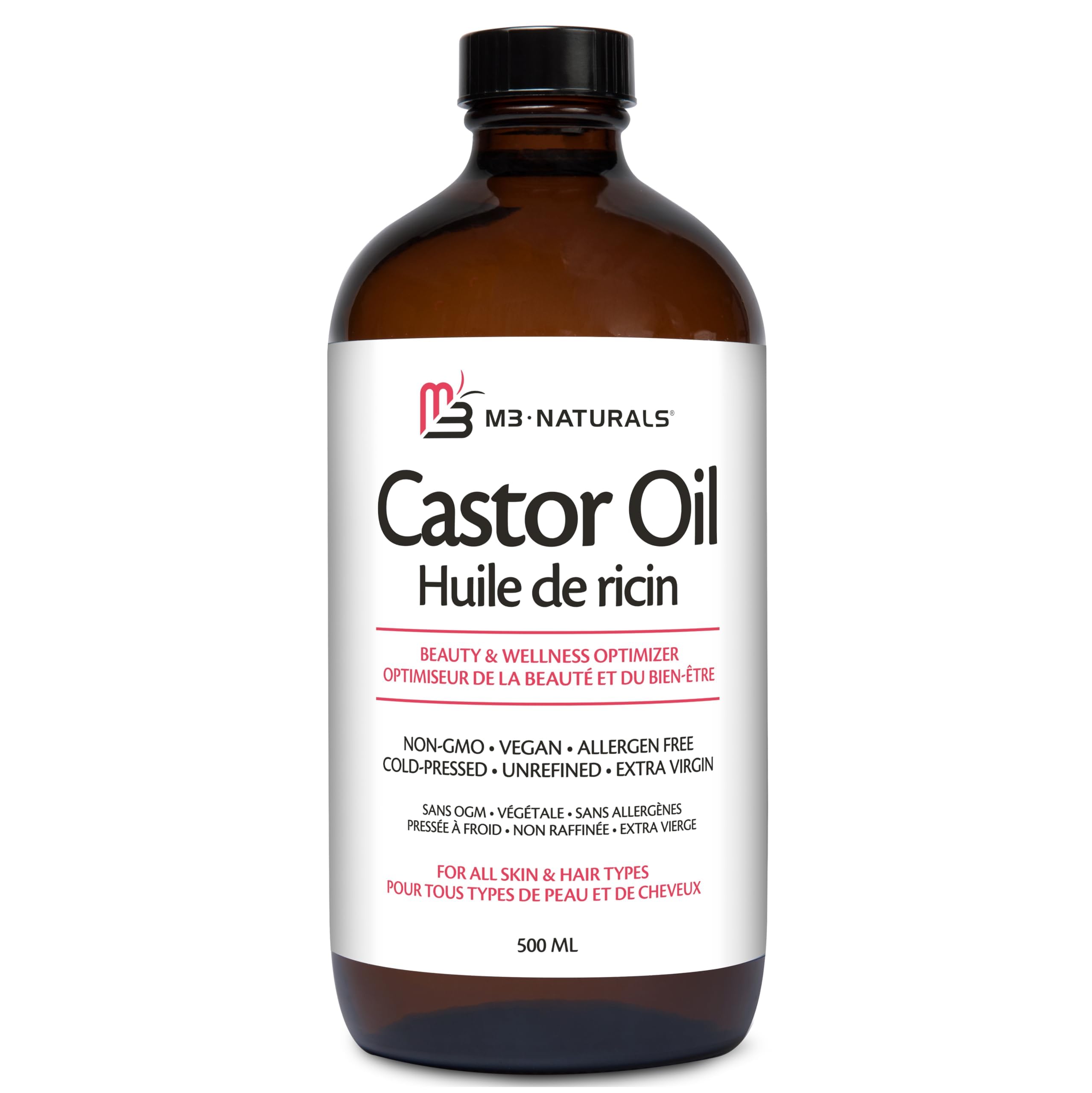 Pure Hexane-Free Cold Pressed Organic Castor Oil - 500mL Glass Bottle for Hair, Lashes, Brows & Skin Nourishment