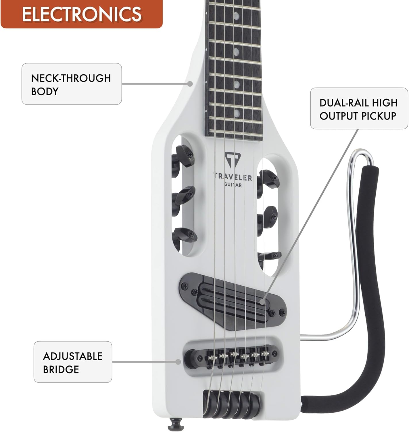 Traveler Guitar Ultra-Light Electric Guitar Satin White | Portable Electric with Removable Lap Rest | Full 24 3/4" Scale Headless Guitar | Custom Gig Bag Included