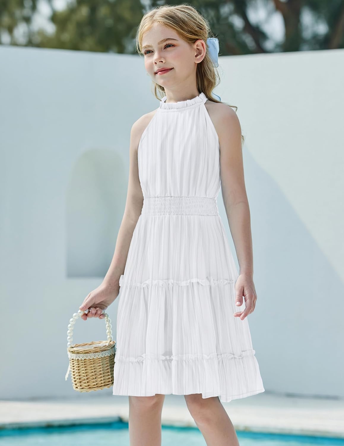 Arshiner Girls Halter Neck Sleeveless Dress Casual Flowy Smocked Cute Summer Dress for 5-12 Years - Image 4