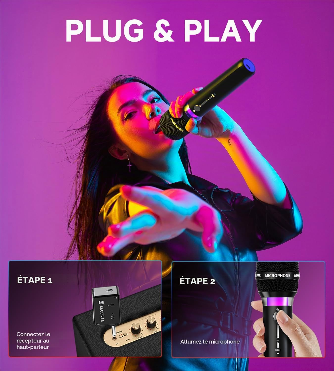 ECHOMUSSY Micro sans Fil, Double Microphone Rechargeable avec Connexion par Puce Individuelle et Voyants LED, Autonomie de 40h, Portée de Réception de 60m, Micro Karaoke pour Le Chant.