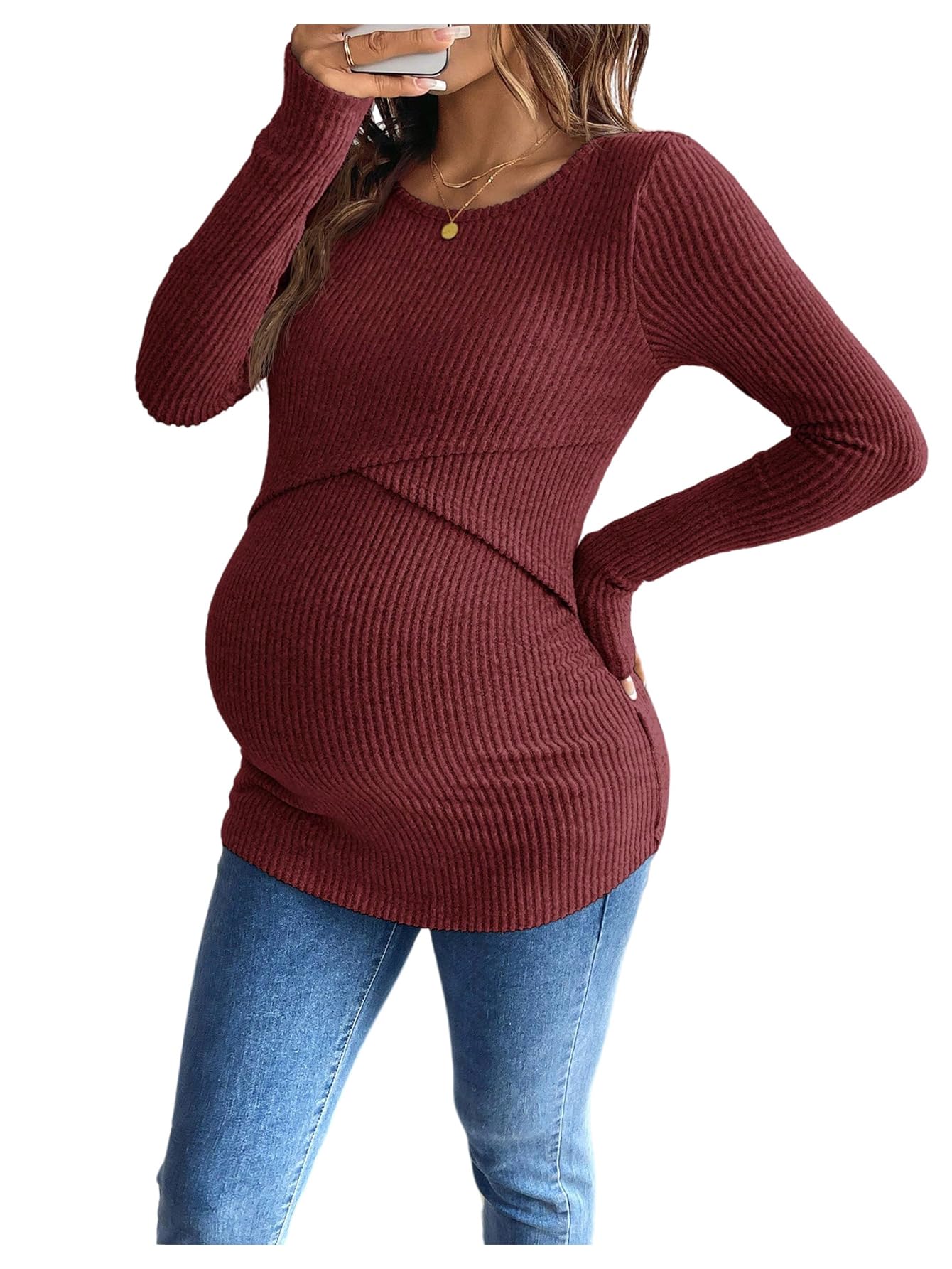 MakeMeChic Women's Maternity Shirts Knit Wrap Nursing Top Fall Maternity Clothes