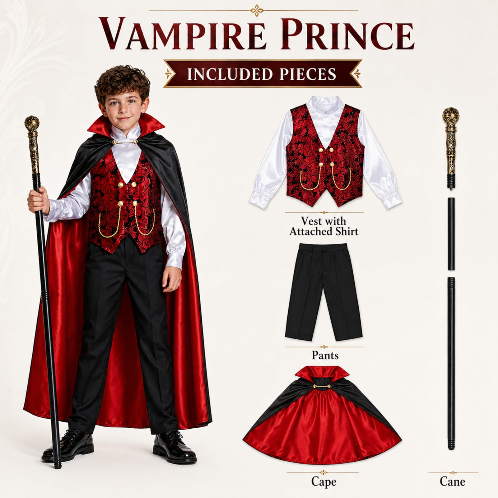 Costume da Vampiro per Halloween per Bambini con Mantello, Camicia, Pantaloni e Bastone, Abbigliamento in Poliestere per Travestimento e Festa a Tema per Bambini (Piccolo)