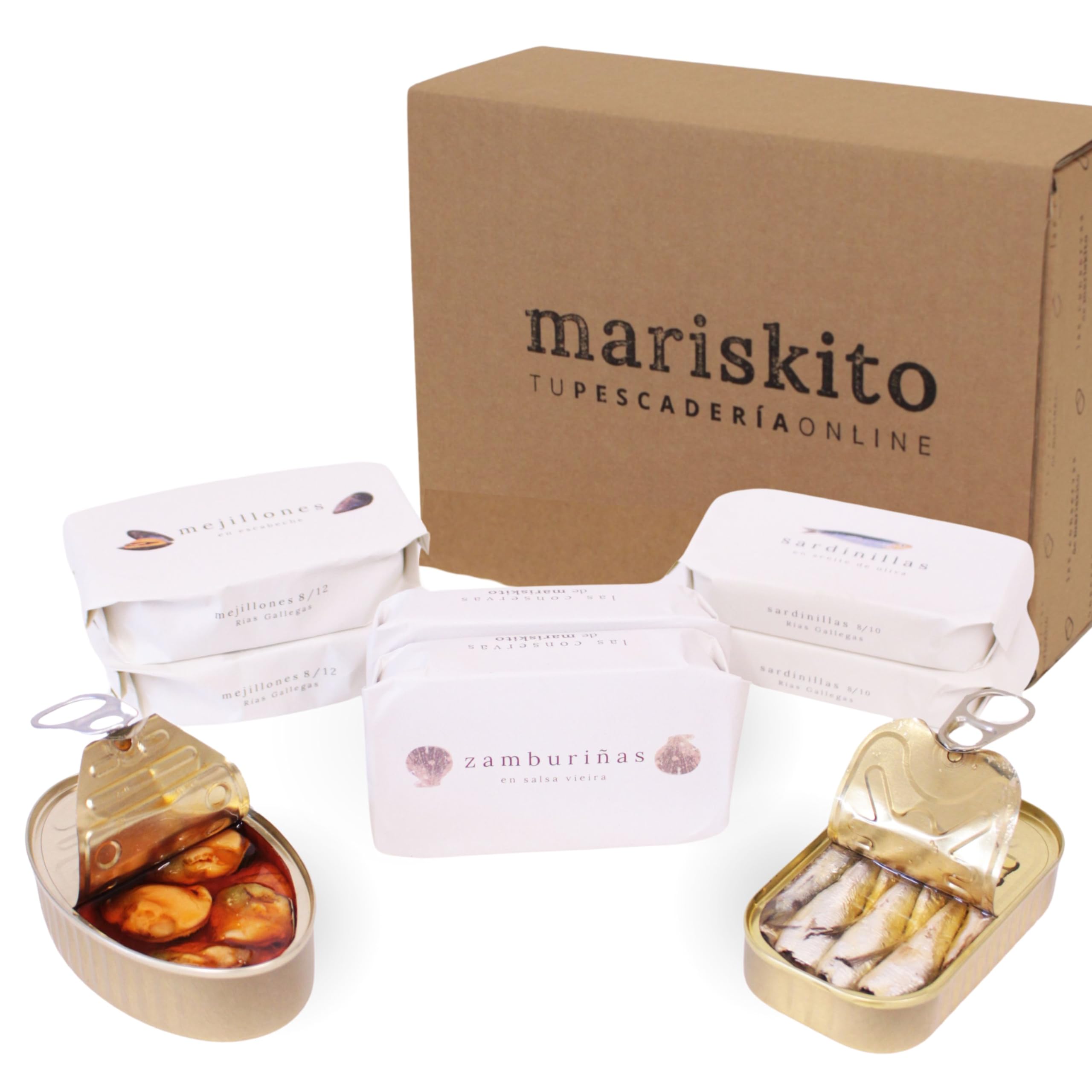 MARISKITO | Pack La Mar di Marinaio - 6 Conservas Gourmet - Lattine di conserve galiziane - Scatola regalo - Assortimento di prodotti gastronomici
