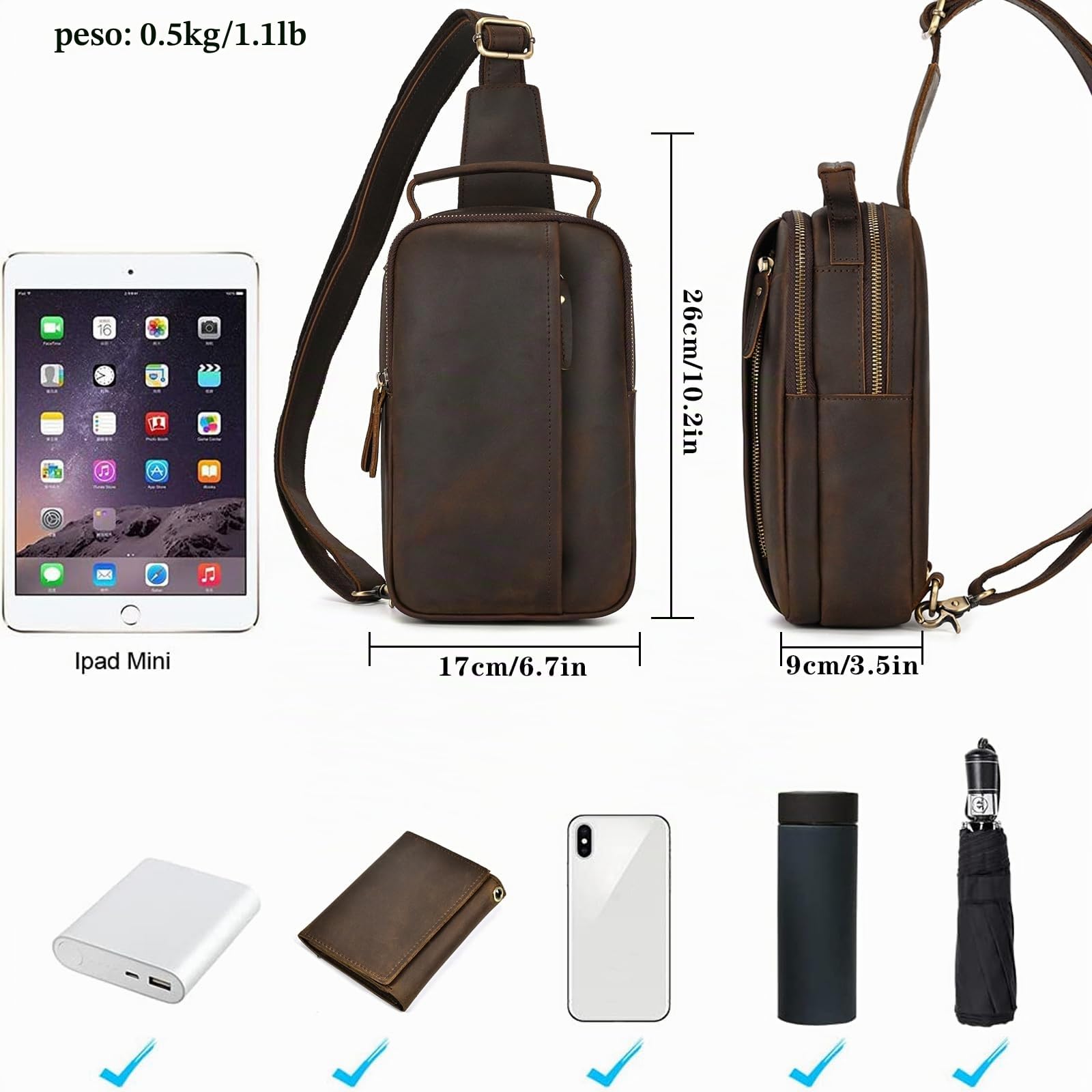 Borse Petto Borsa Crossbody Pelle Zaino Spalla Monospalla Pelle Marsupio Zainetto Piccolo Sling Bag Borsello a Tracolla per Uomo Viaggio Trekking Camminare, 9332 marrone scuro