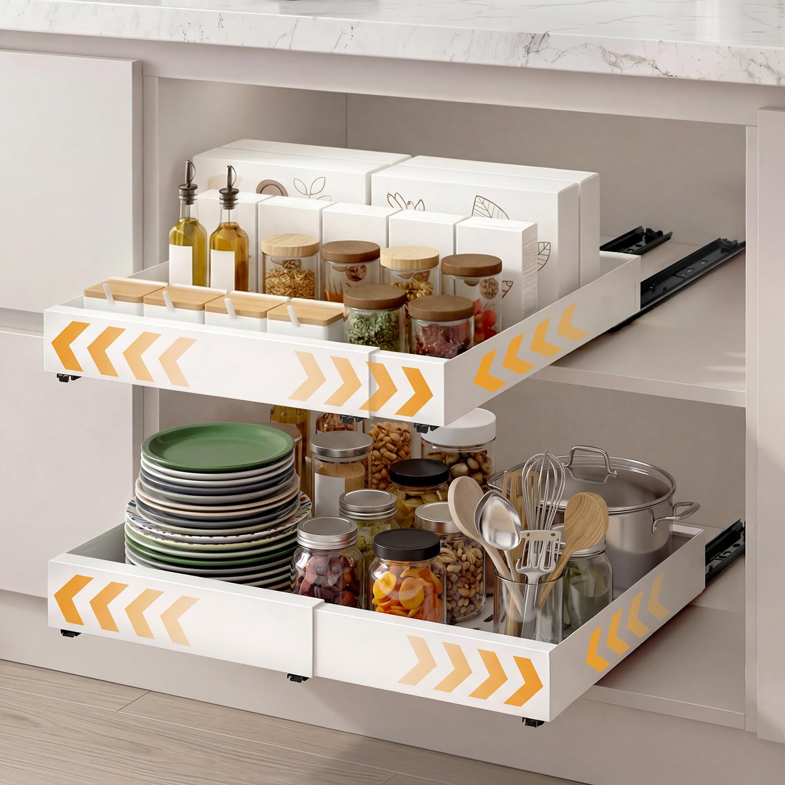 Toque White Expandable Pull Out Cabinet Organiser, 2 Pack Adjustable Kitchen Cabinet Organiser 31-52Cm, Carbon Steel Slide Out Drawer With 3-Rail System, Silent Sliding,