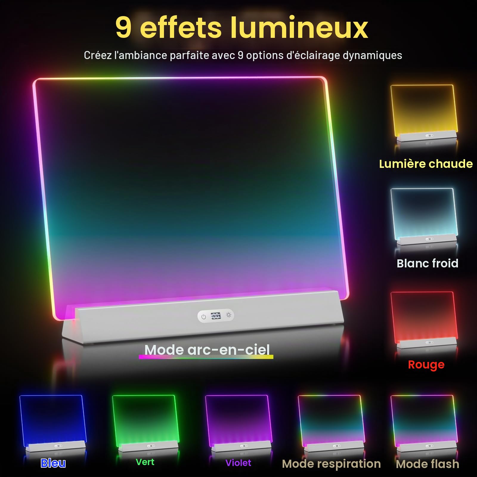Tableau lumineux LED avec couleurs, Tableau blanc en acrylique rechargeable avec 9 modes d'éclairage, Tableau lumineux néon de 35x25 cm pour messages, mémos, dessins, Idéal pour la maison/chambre