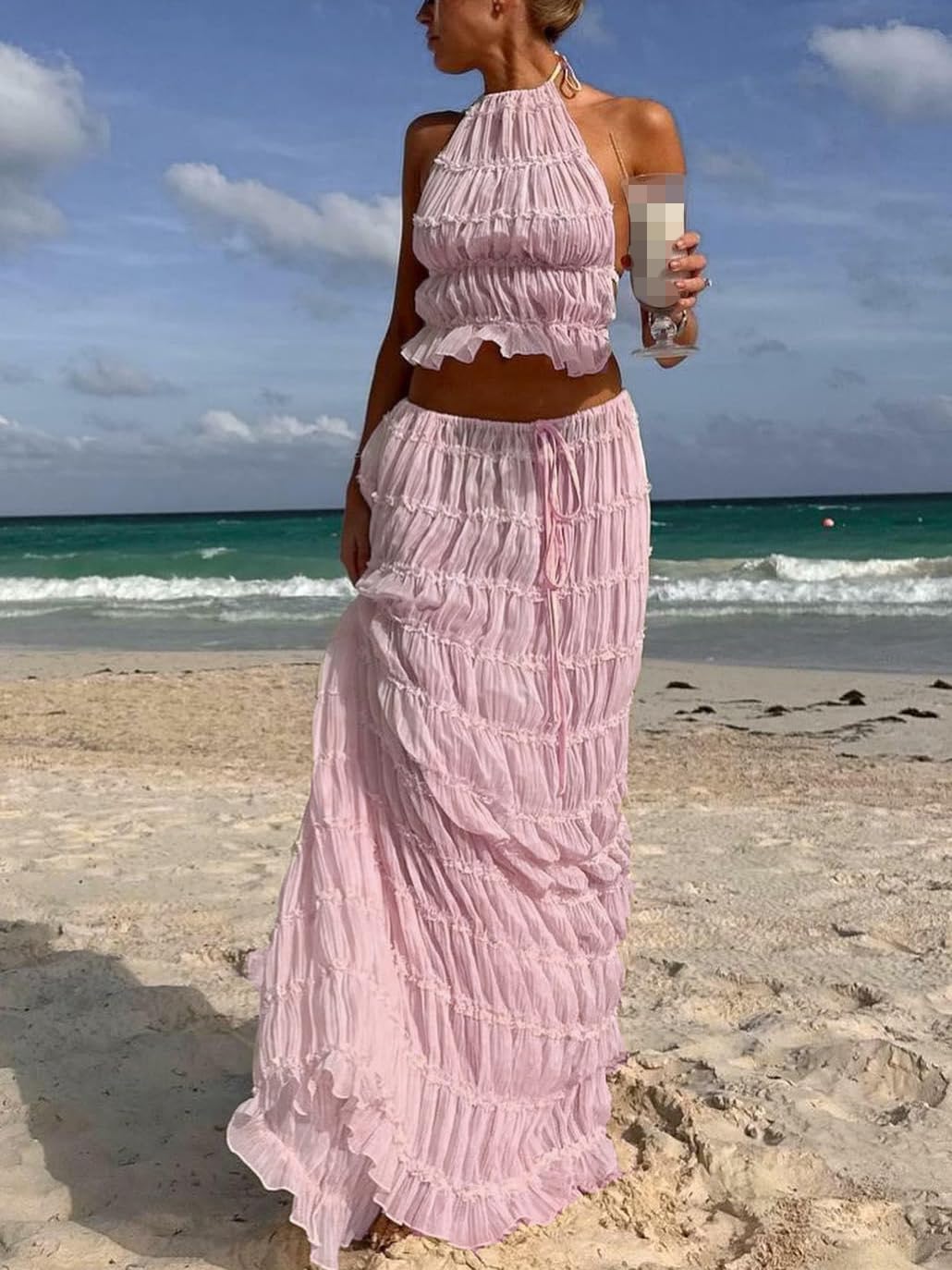 Womens Y2k Maxi Skirt Set Backless Lace Halter Crop Top and Long Skirt Sets Beach Cocktail Club Dress 2 PCS Outfit - Image 3