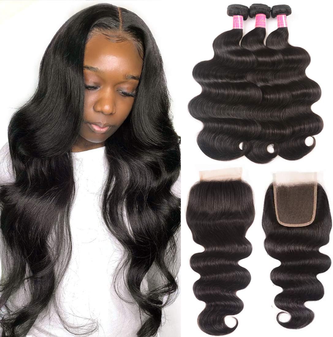 ALI JULIA 10 12 14+10 Inch Brazilian 10A Body Wave Hair 3 Bundles with 4x4 Free Part Lace Closure 100% Unprocessed Human Hair Weave Extensions