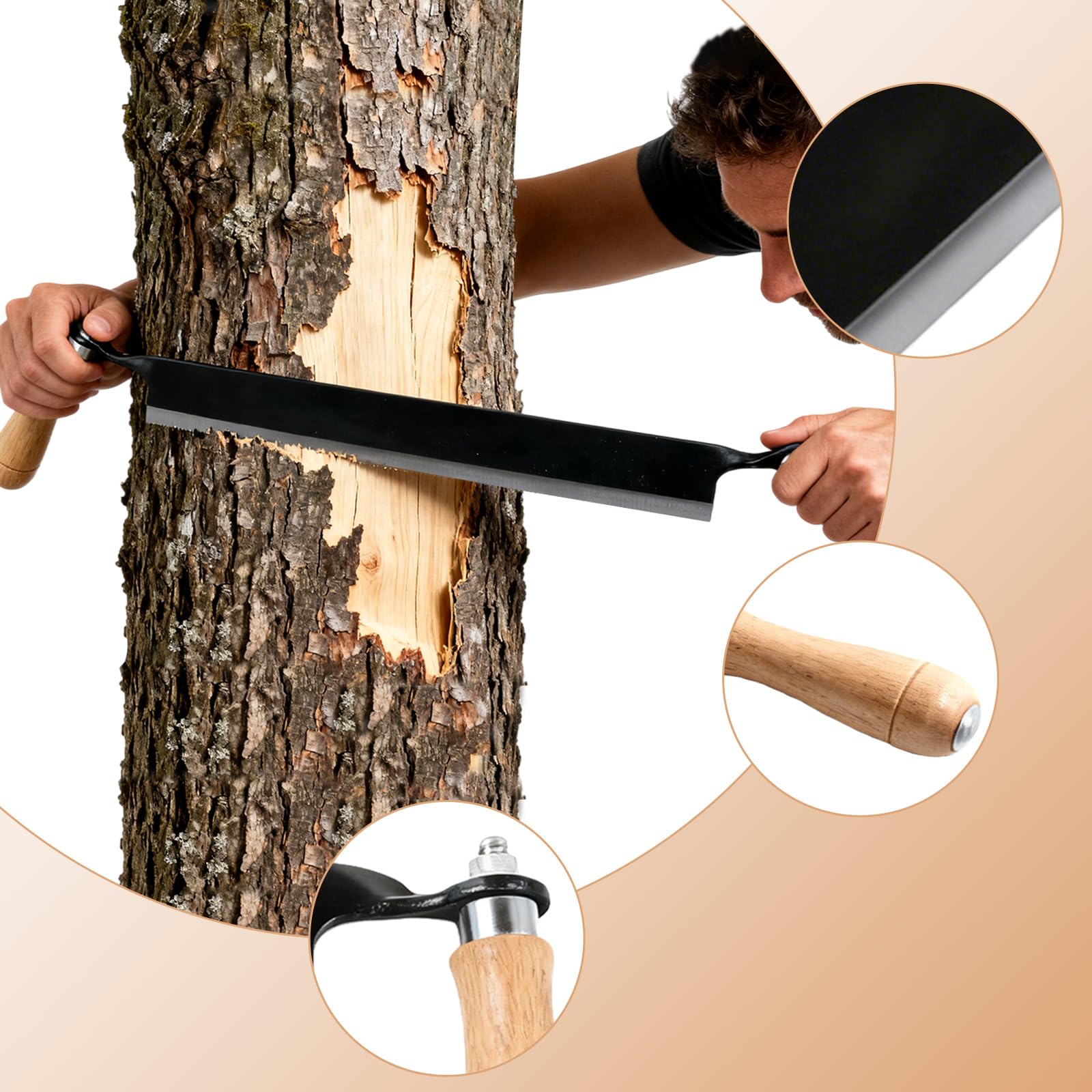 GBKDQQ Couteau de traction pour bois : couteau de traction multifonction de 20,32 cm avec poignées en bois, couteau à tirer, lame à éplucher pour le traitement du tronc d'arbre, couteau à éplucher