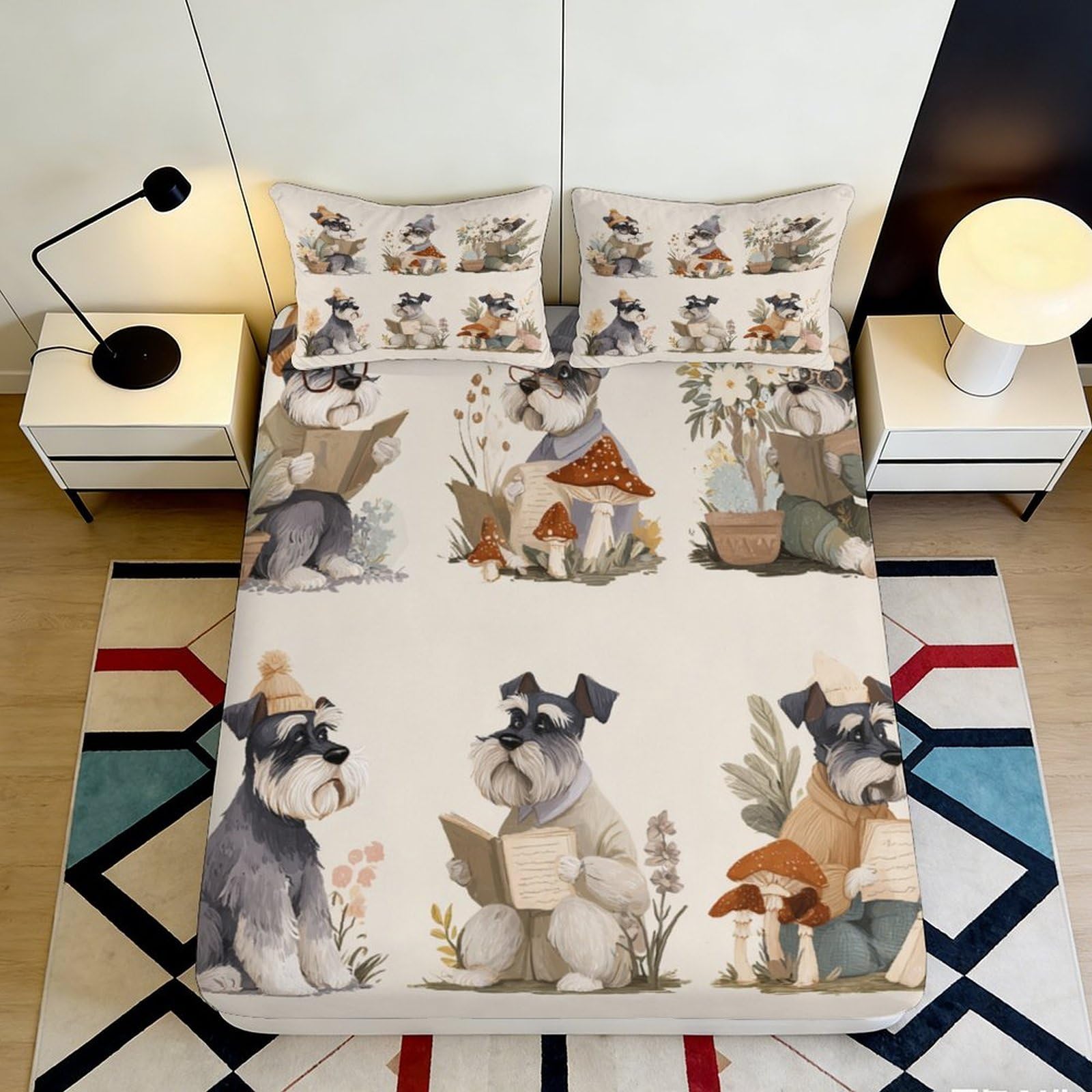 3D Printed Schnauzer Dog Reading Fitted Sheet Microfiber Anti-Slip Bed Cover for Bedroom Guest Room Decor 90x200x25cm
