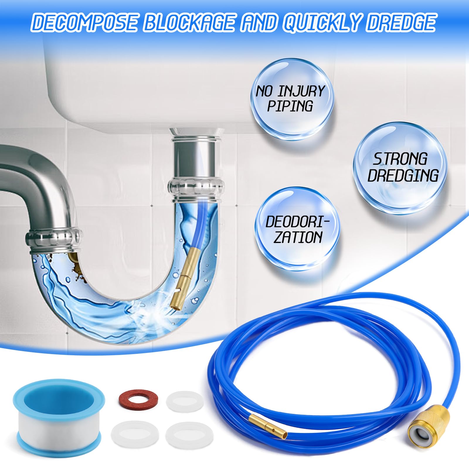 Nettoyeur de Tuyaux Tuyau Déboucheur Canalisation Déboucheur Haute Pression avec Adaptateur Facile Des Tuyaux Éviers