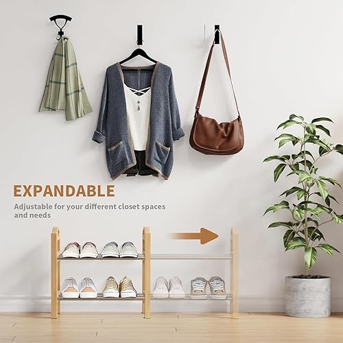 Miniatura 4 de Zapatero ajustable de madera de 18 a 33 pulgadas para entrada, 2 niveles de acero inoxidable expandibles, estantes organizadores, almacenamiento y