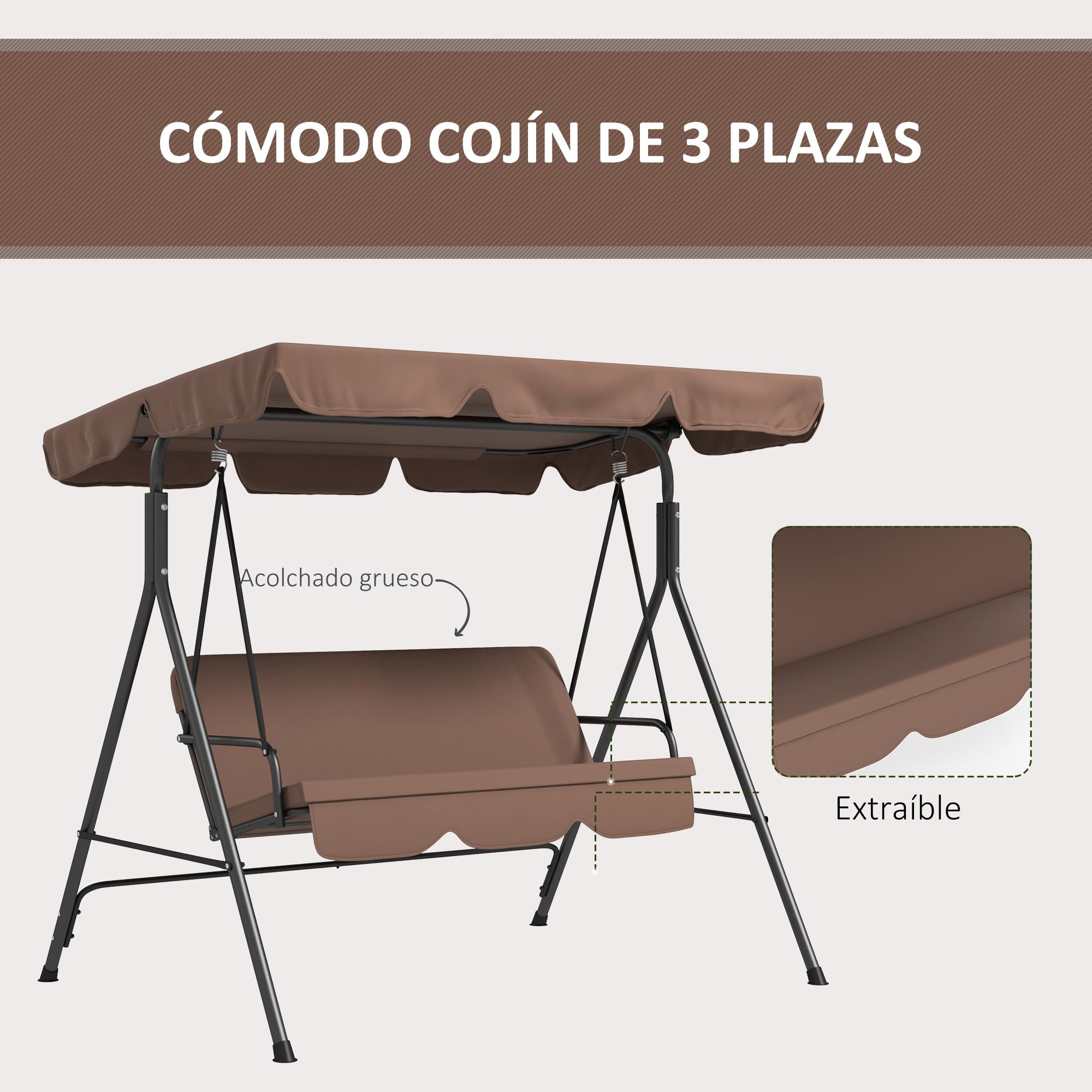 Aosom Outsunny Columpio de Jardín Tipo Balancín Mecedora de Metal 3 Plazas con Toldo Regulable y Cojín - 172x110x152cm