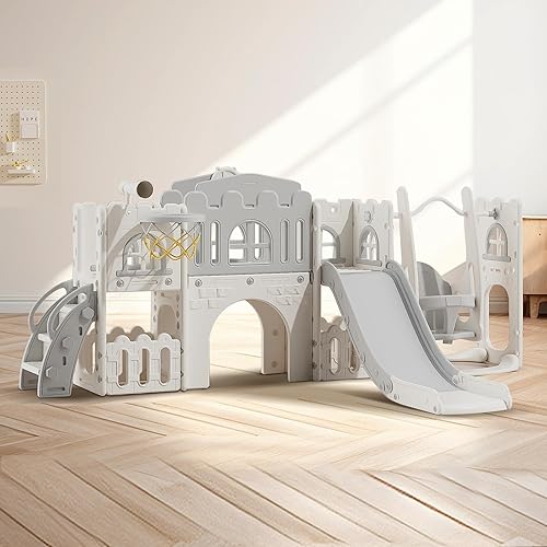 Tobogán para niños pequeños con aro de baloncesto y columpio 10 en 1 para exteriores
