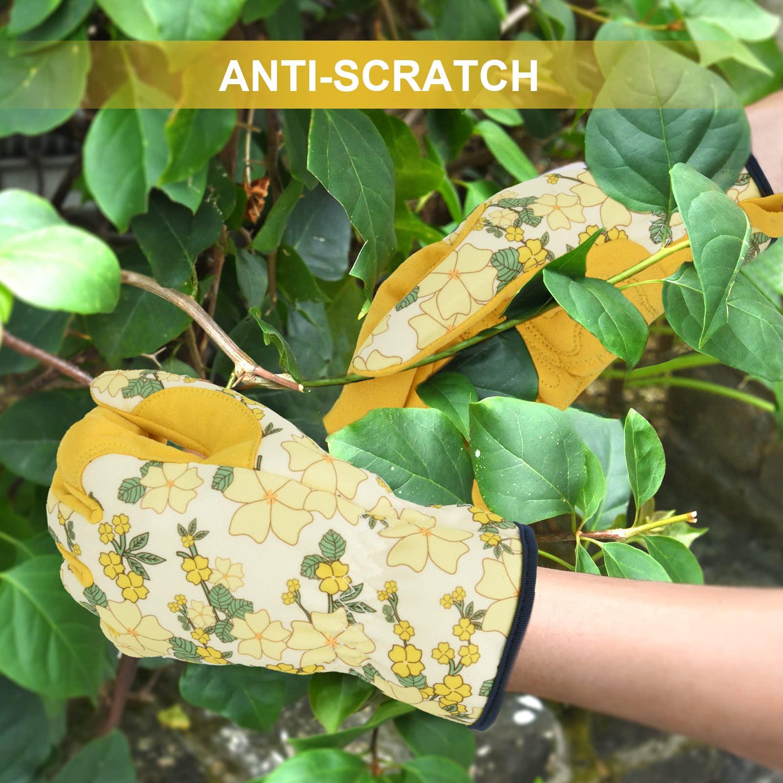 Damen-Gartenhandschuhe, Leder-Gartenhandschuh für Damen, dornensicher, kein Stich zum Graben, Pflanzen, Beschneiden (Größe L, Gelb)