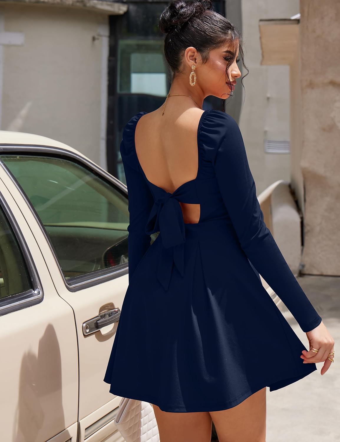 YMDUCH Women's Sexy Long Sleeve Square Neck Adjustable Straps Bow Tie A-line Mini Party Club Dress - Image 2