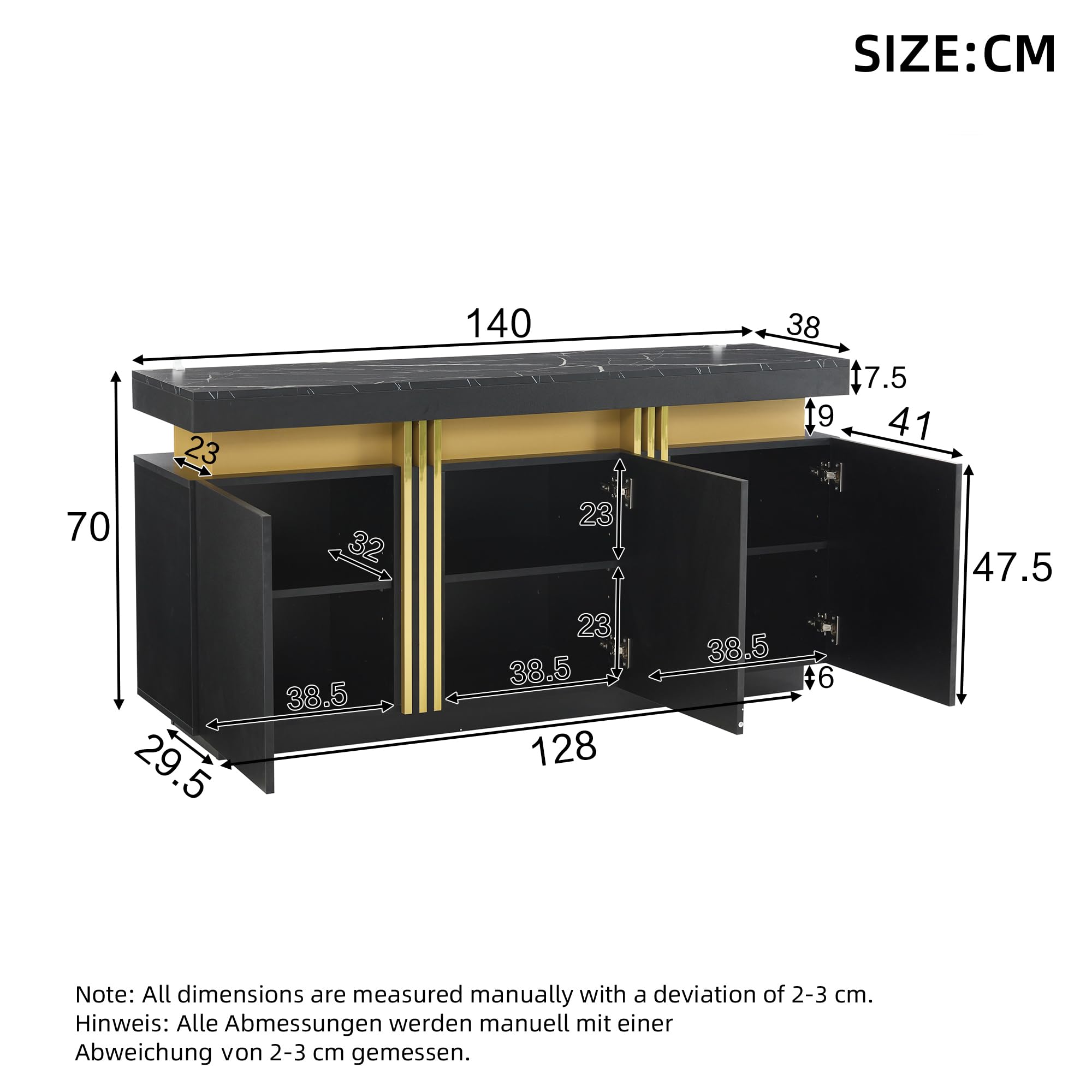 Merax Sideboard, Küchenschrank, Aufbewahrungsschrank mit 3 Türen, Moderne Buffetschrank mit Arbeitsplatte, Verstellbares Regal, Esszimmerschrank für Wohnzimmer, Esszimmer, Flur, Marmoroptik, Schwarz