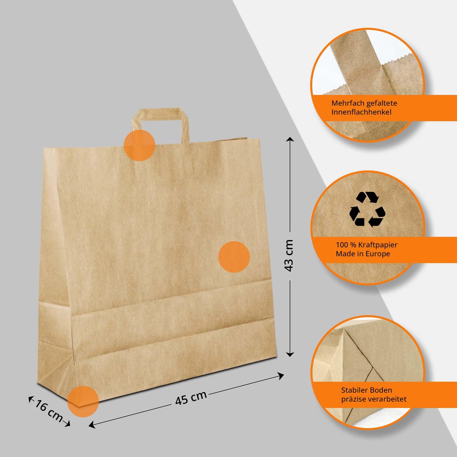 Papiertüten Braun mit Flach-Henkel I 50 Stk. 45+16x48cm I Papiertragetasche für Einzelhandel, Hochzeit, Geburtstag, TO-GO I Geschenktüten aus Kraftpapier I HUTNER