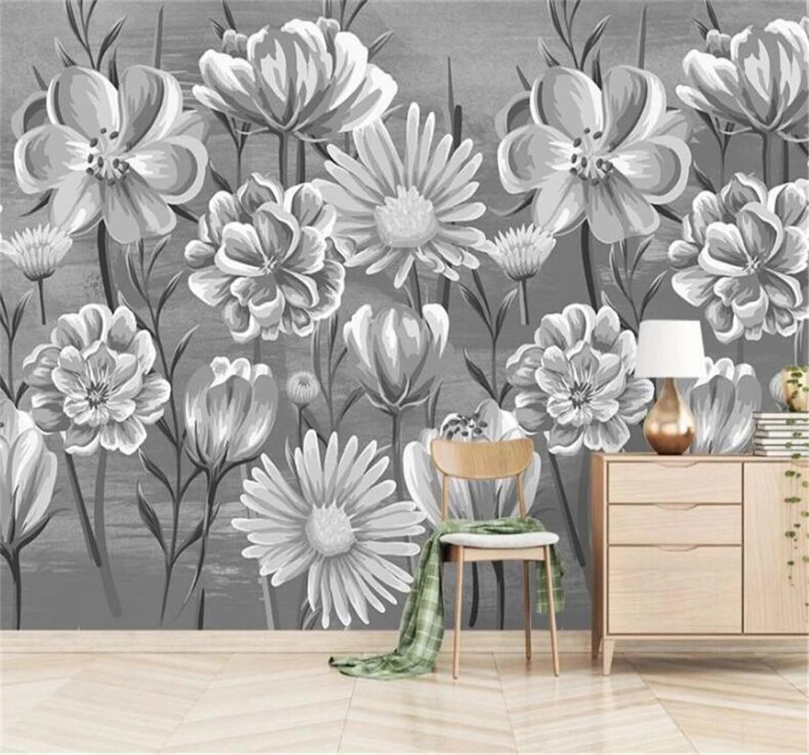 Wallpaper-3D-Xlm 300Cm×210Cm(B×H) Minimalist Hand Drawn Three Dimensional Black And White Flowers 3D Wallpaper Easy Install Feature Office Living Room Sofa Bedroom Tv Background Wall Decoration-300Cm×210Cm