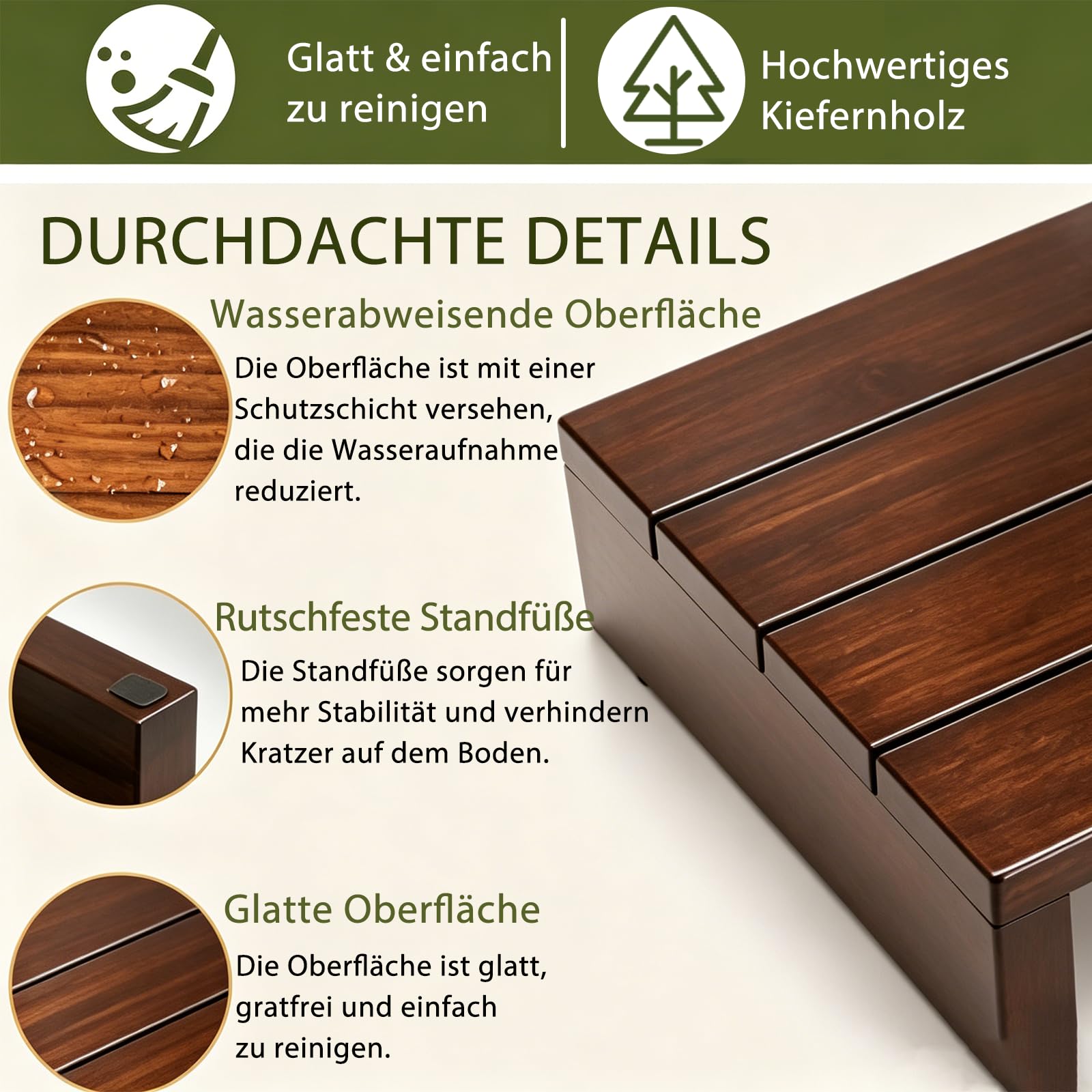 EIN Hölzerner Tritthocker Für Erwachsene Und Senioren Mit Rutschfester Gummiauflage, Badhocker,Für Drinnen Und Draußen, Tragbare Hölzerne Aufstehhilfe Für Bad, Küche, Nachttisch Und Mehr