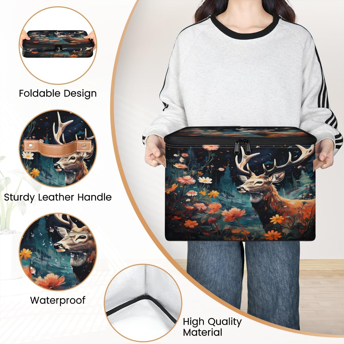 Storage Bin Set of 2 Reindeer Flower Storage Basket with Zipper Lid & Handle Foldable Closet Shelf 2 Pack Cloth Organizer Basket Cube Bins Clothes Organizer for Bedroom, Nursery