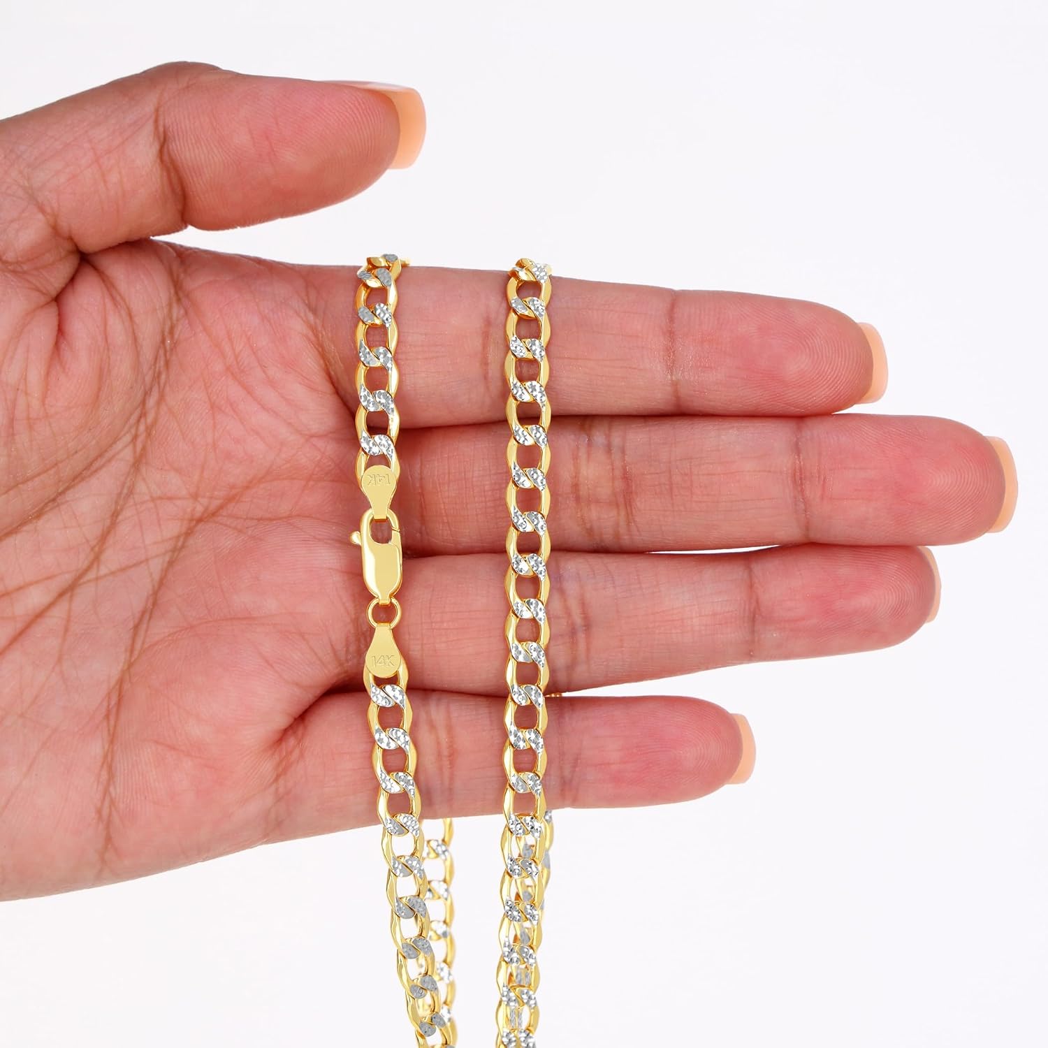 Nuragold 14k Real Yellow Gold Cuban Curb Link 5.5mm Diamond Cut Pave Chain Bracelet (7"-9") Two Tone Italian Jewelry for Men & Women