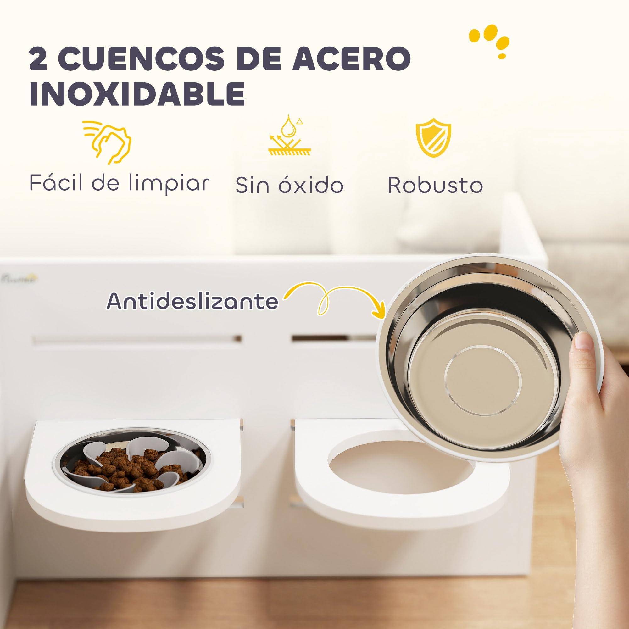 PawHut Comedero Perros Elevado 3 Alturas Ajustables para Perros Blanco | Cuencos 2x1 L, 1 Alfombrilla Antivoracidad, Comedero para Perros Pequeños Medianos y Grandes