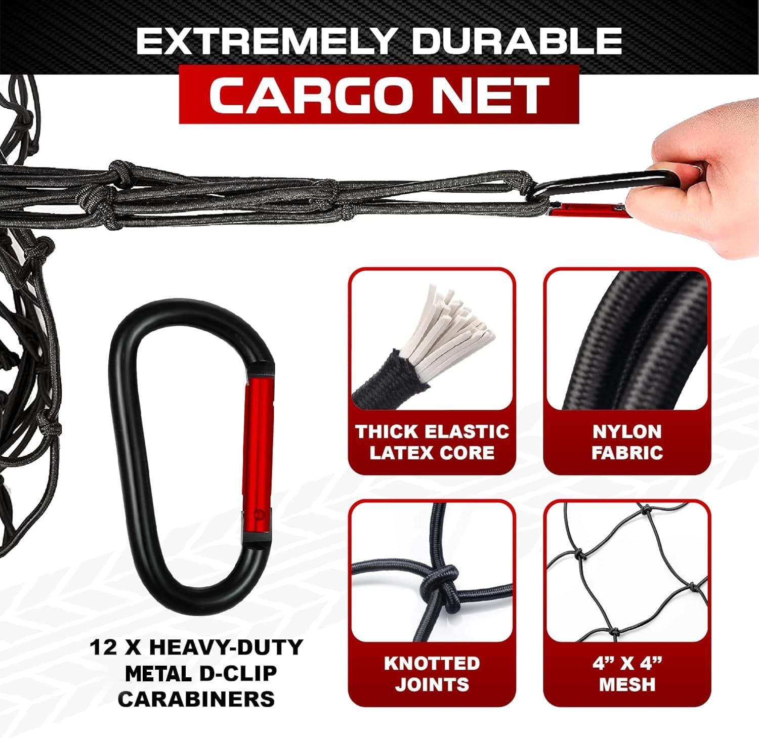 [Premium] 4'x6' Heavy Duty Cargo Net Stretches to 8' x 12', Extra Thick 10mm Cord Bungee Cargo Netting for Pickup Truck Bed, Roof Rack Net & 12 PCS Steel Carabiners - Image 4