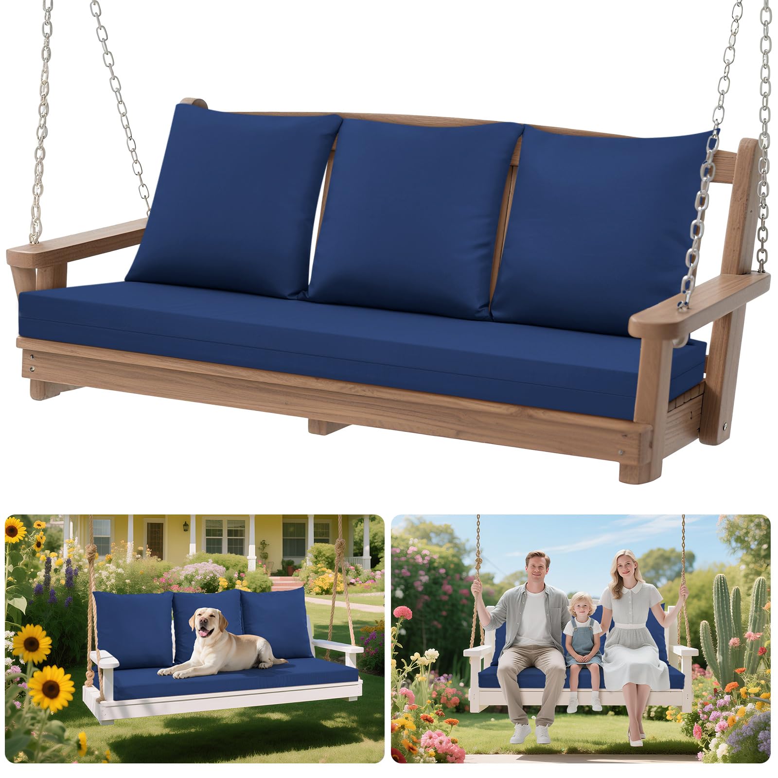 Yalikop Set of 4 Porch Swing Cushions with Pillows | 60" x 20" & 19.7" x 19.7" | 3.15" Thick Waterproof Outdoor Bench Cushion with Ties 3 Seater Swing Pads for Patio Backyard Garden(Navy Blue)-image-10