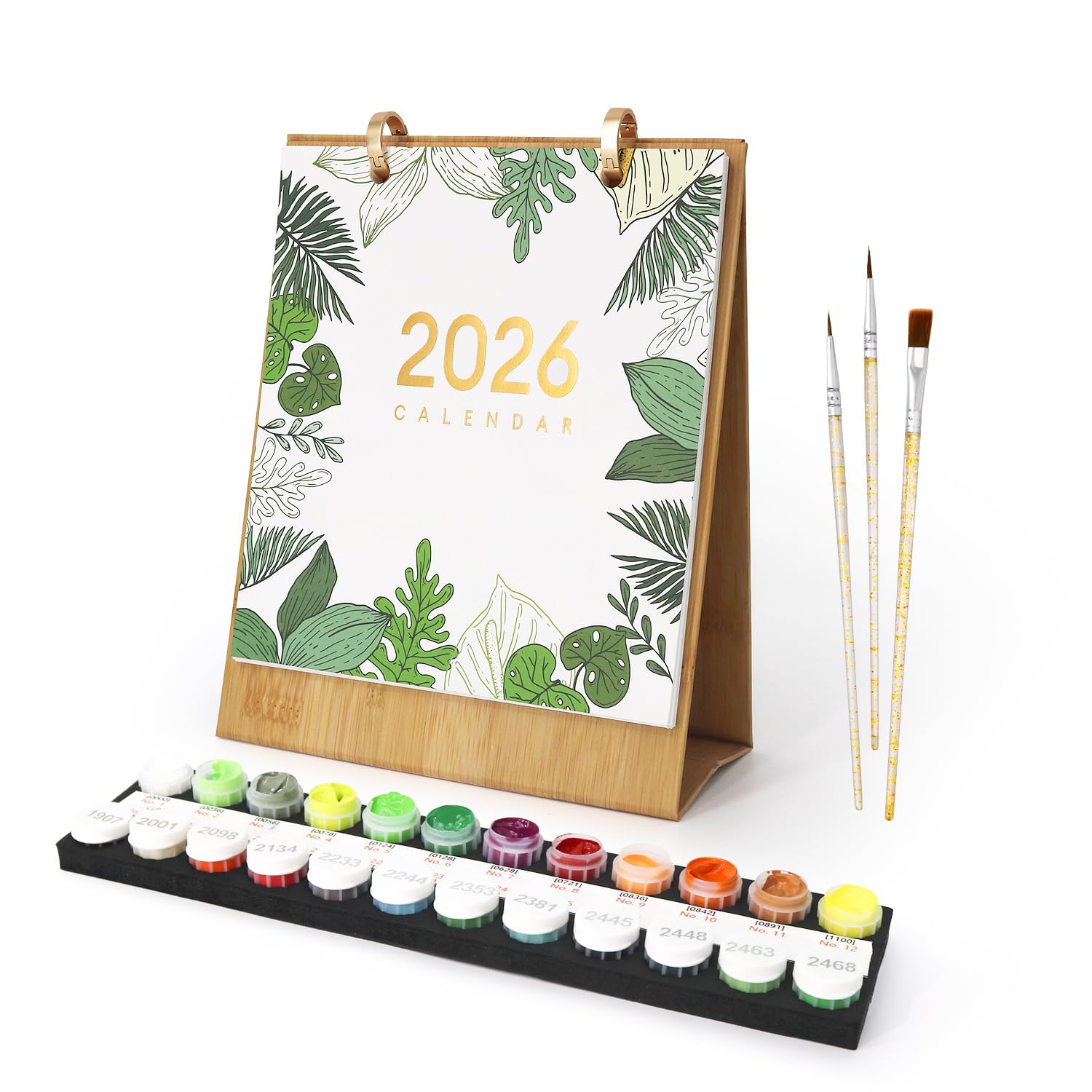 Calendrier 2026 Peinture par numéros - Calendrier de table DIY - 12 plantes vertes différentes - Peinture à l'huile peinte à la main - Calendrier de table pour adultes - Calendrier avec pinceaux et