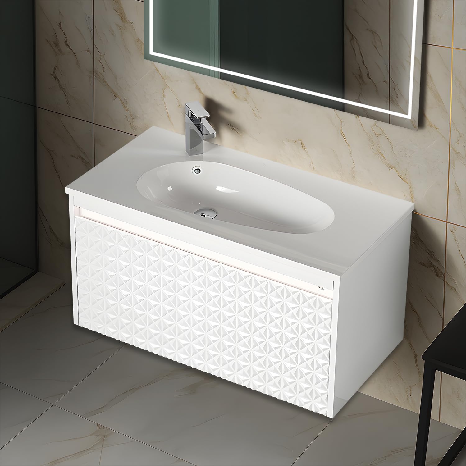 Blossom 36 Inch Wall Mounted Bathroom Vanity with Sink | Floating LED Wood Vanity Cabinet with Soft-Close Drawer, 3D Panel & Acrylic Sink | Modern Bathroom Storage Solution (Glossy White, 36'')