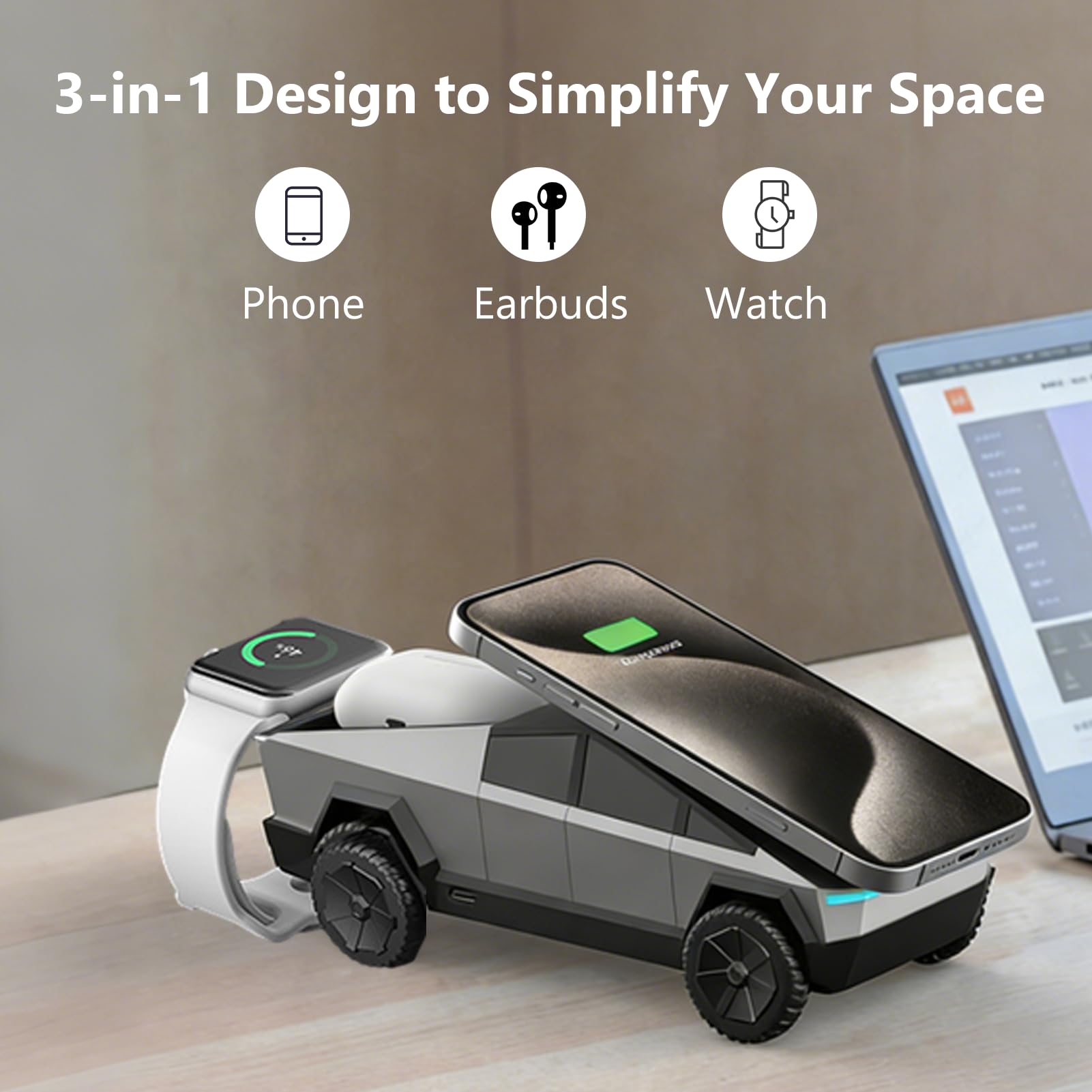 Cyberdock Supporto di Ricarica Magnetico 3 in 1 per Smartphone IOS, Modello di Auto in Scala 1:25, Caricatore Wireless Veloce Certificato QI con Luce Ambientale (SILVER)