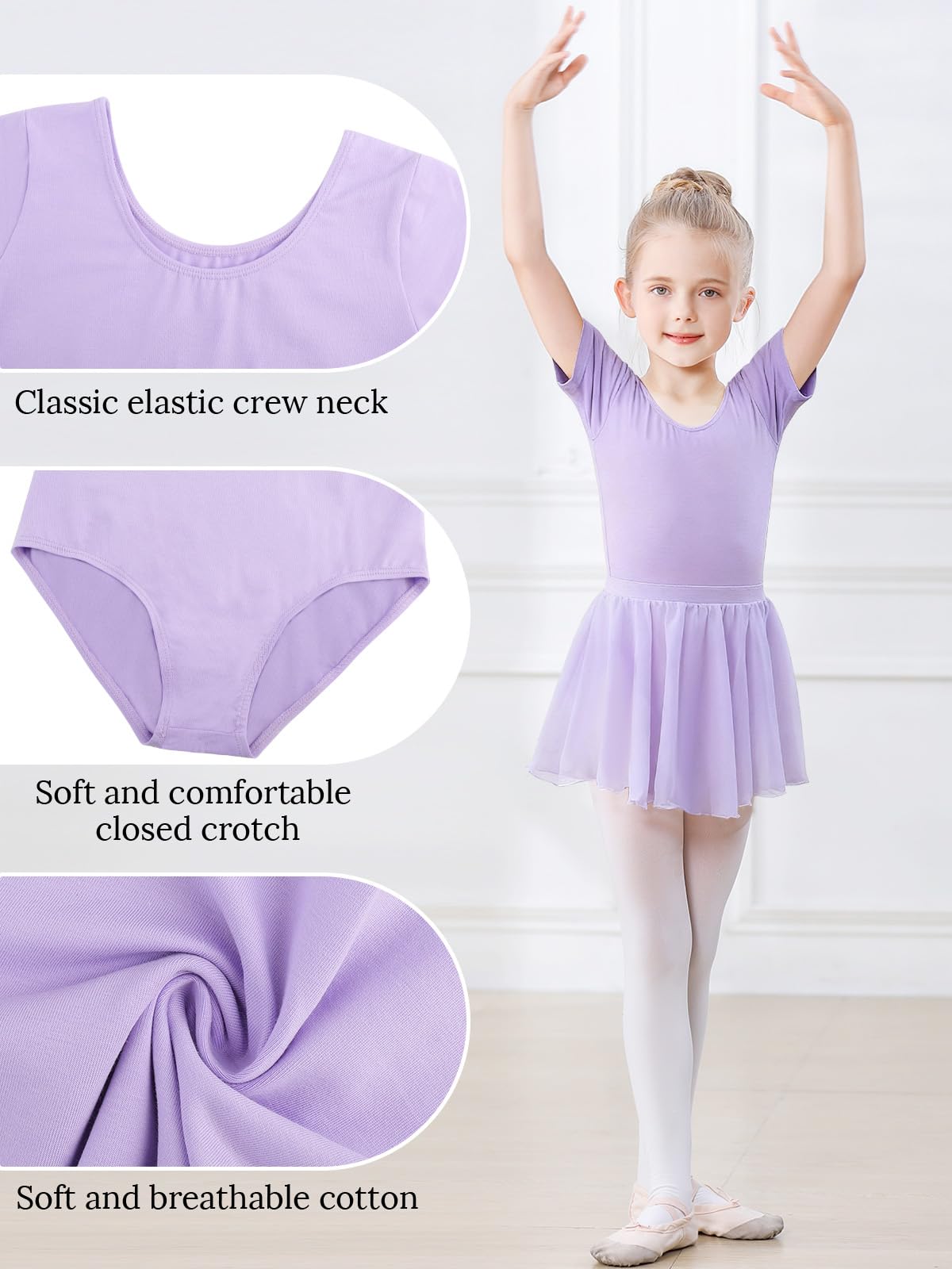 Body da danza per ragazze, a maniche corte, in cotone, con gonna rimovibile in chiffon, per bambini dai 3 agli 11 anni