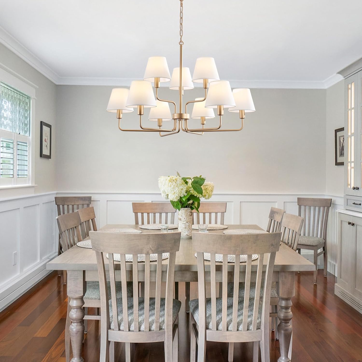 9-Light Gold Chandelier Light Fixture with White Fabric Shades, 33 inch Modern Farmhouse Dining Room Light Fixtures, 2 Tiered Lantern High Ceilings Pendant Light for Foyer Entryway Living Room Kitchen