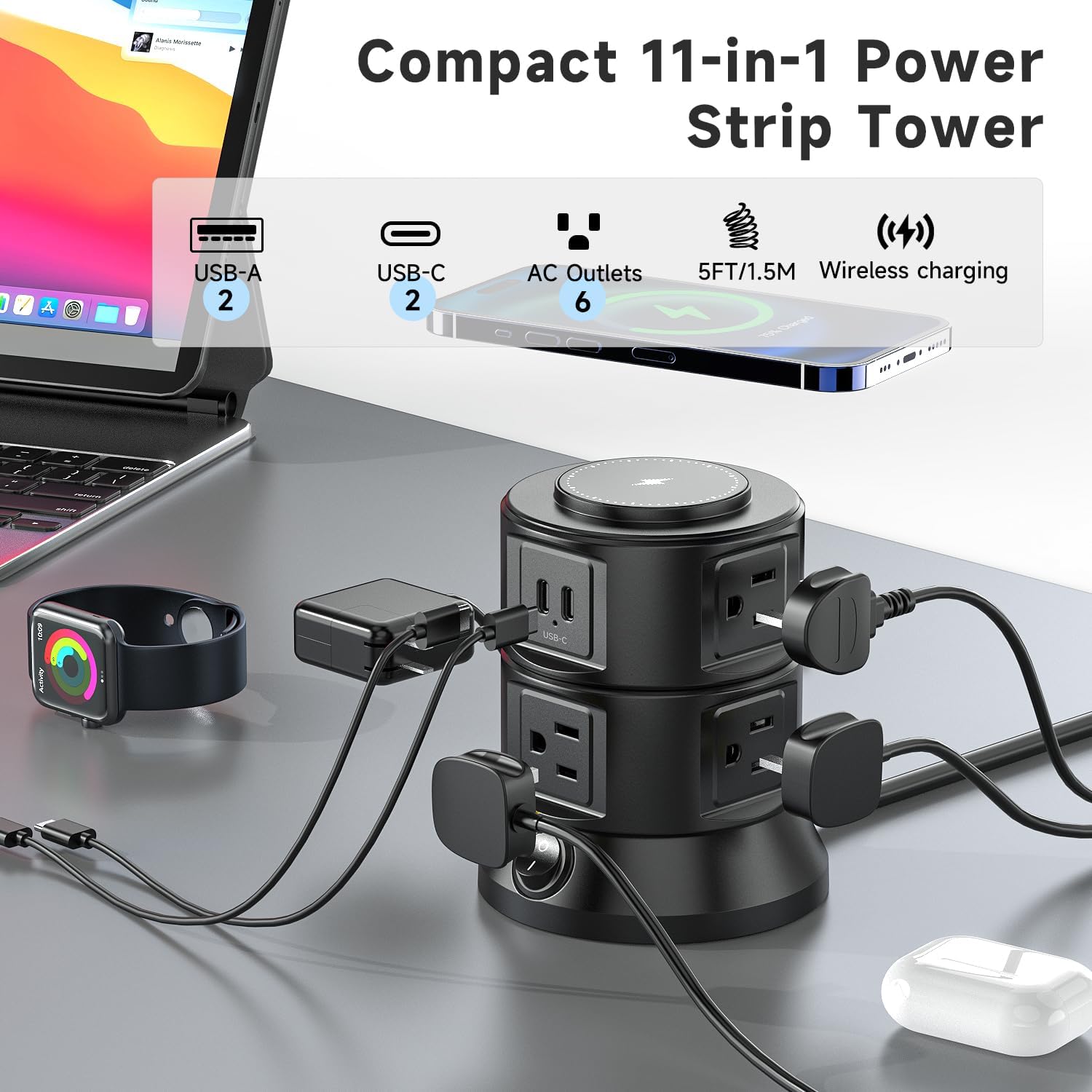 Power Strip Tower 1875W 15A with 15W Magnetic Wireless Charger, Dual-Layer Rotatable Design, 540 Joules Surge Protector Tower with 6 AC Outlets and 4 USB Ports(2USBA+2USBC), 5FT Braided Extension Cord