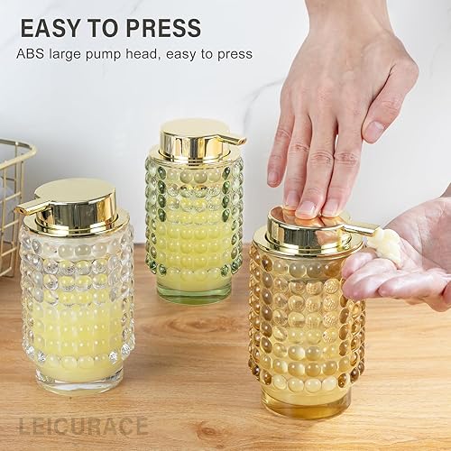 Miniatura 3 de LEICURACE Dispensador de jabón líquido de vidrio, dispensador de líquido recargable con bomba dorada, dispensador de jabón de manos para baño,