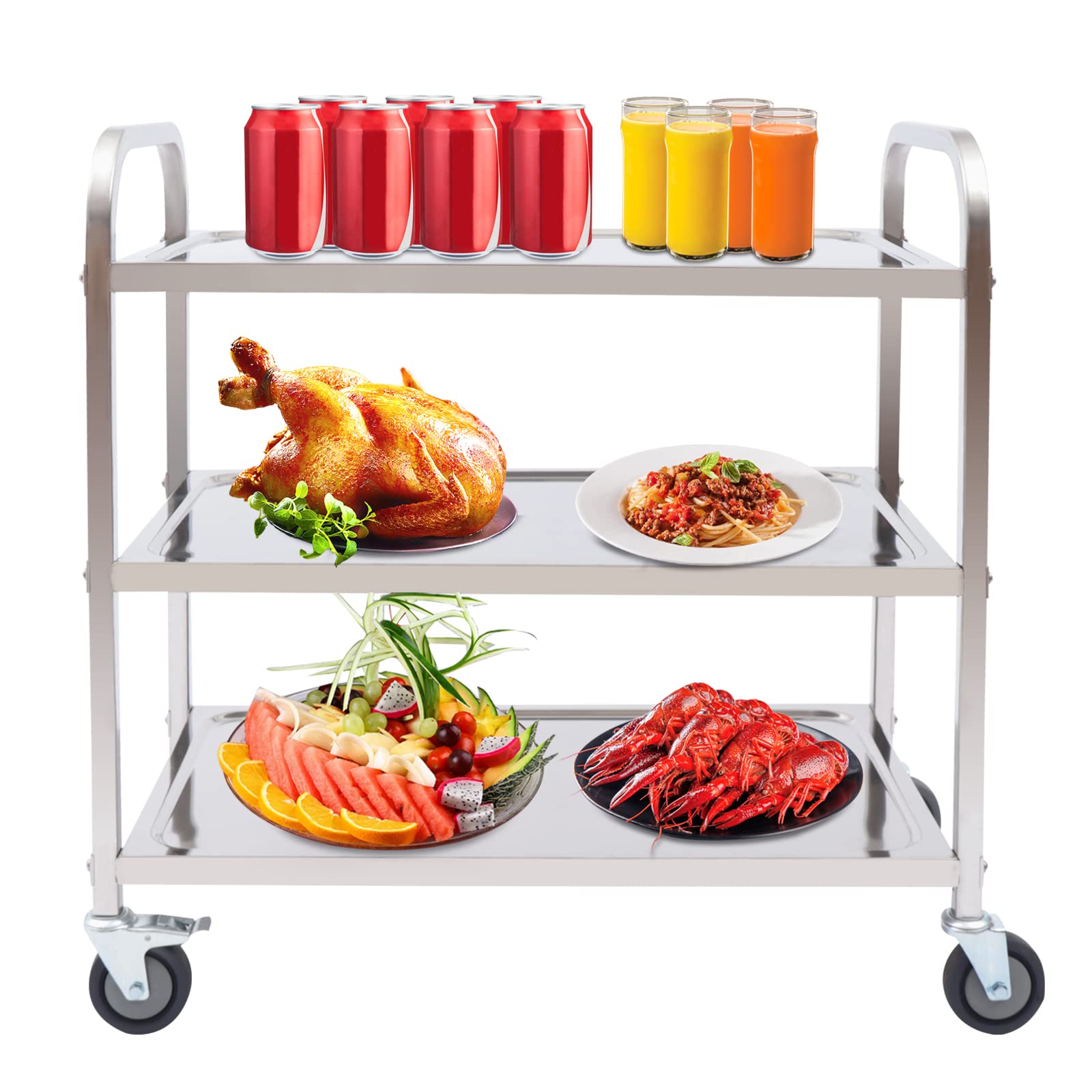 Carrello da cucina in acciaio inox – Carrello da cucina a 3 ripiani con freno a 4 ruote e capacità di 120 kg – perfetto per catering, servizio da tè e trasporto di cibo