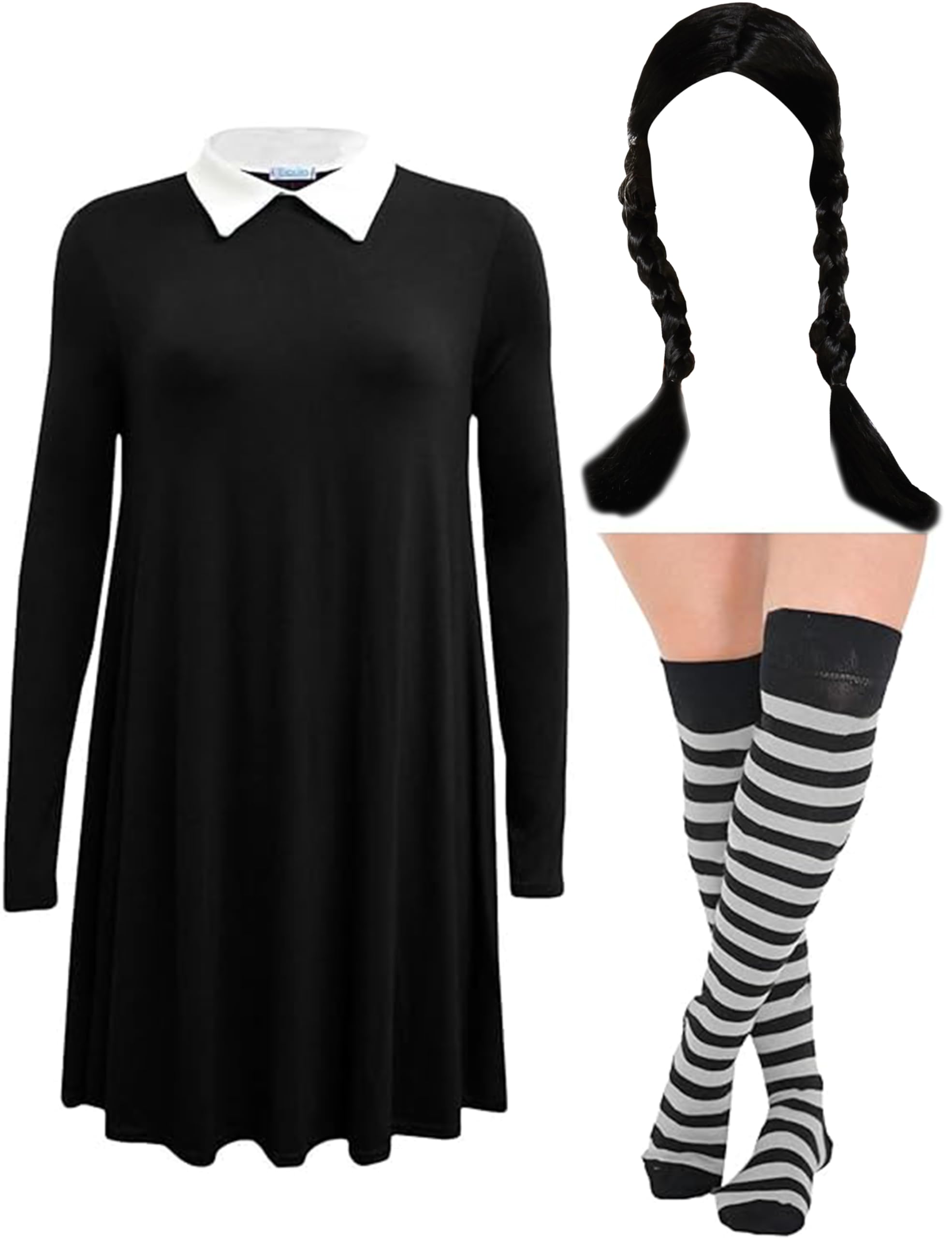 Ploutos World Wide Scary Schoolgirl Costume for Women's Cosplay Halloween Outfit ~ Ladies Gothic Manor Daughter Peter Pan Collar Dress, Stripe OTK Socks & Wig (16-18)