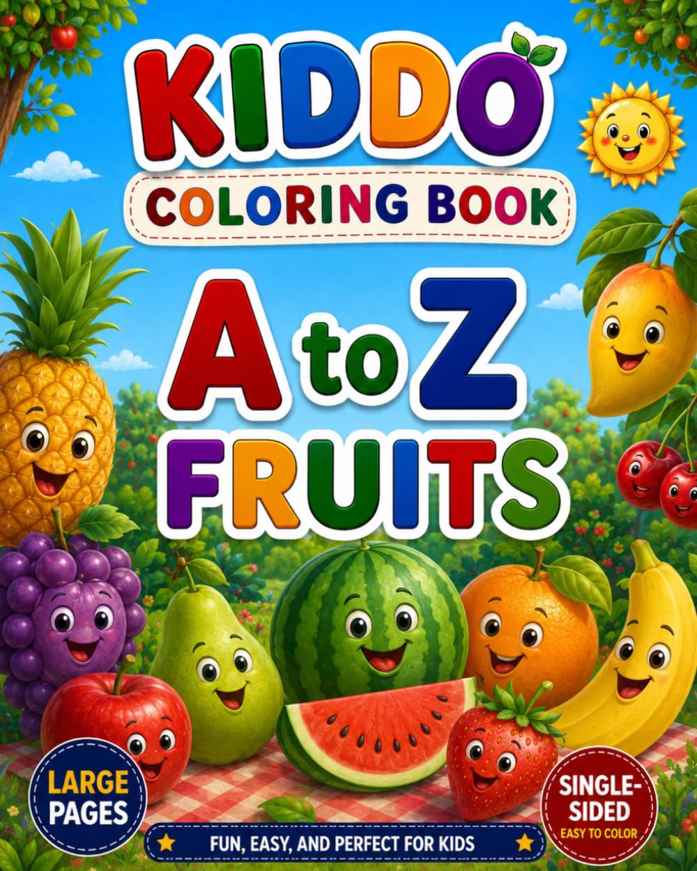 A to Z Fruits Coloring Book: Fun and Easy Fruit Coloring Pages for Kids Ages 3+ | Learn Alphabets with Fruits | Single sided Easy to Color (KIDDO A to Z Coloring Books)