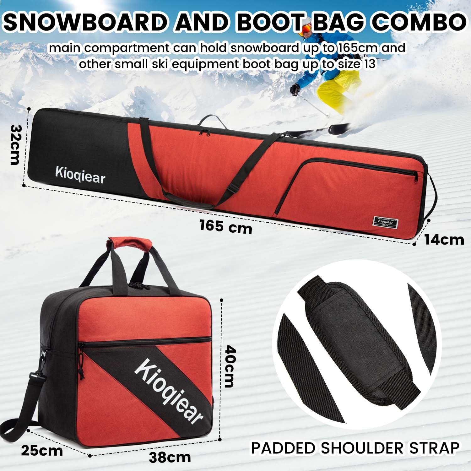 Combo acolchado para snowboard y botas, perfecto para snowboard de hasta 165 cm y botas de hasta la talla 13, incluye 1 bolsa acolchada de snowboard y 1 bolsa acolchada para botas. (rojo)
