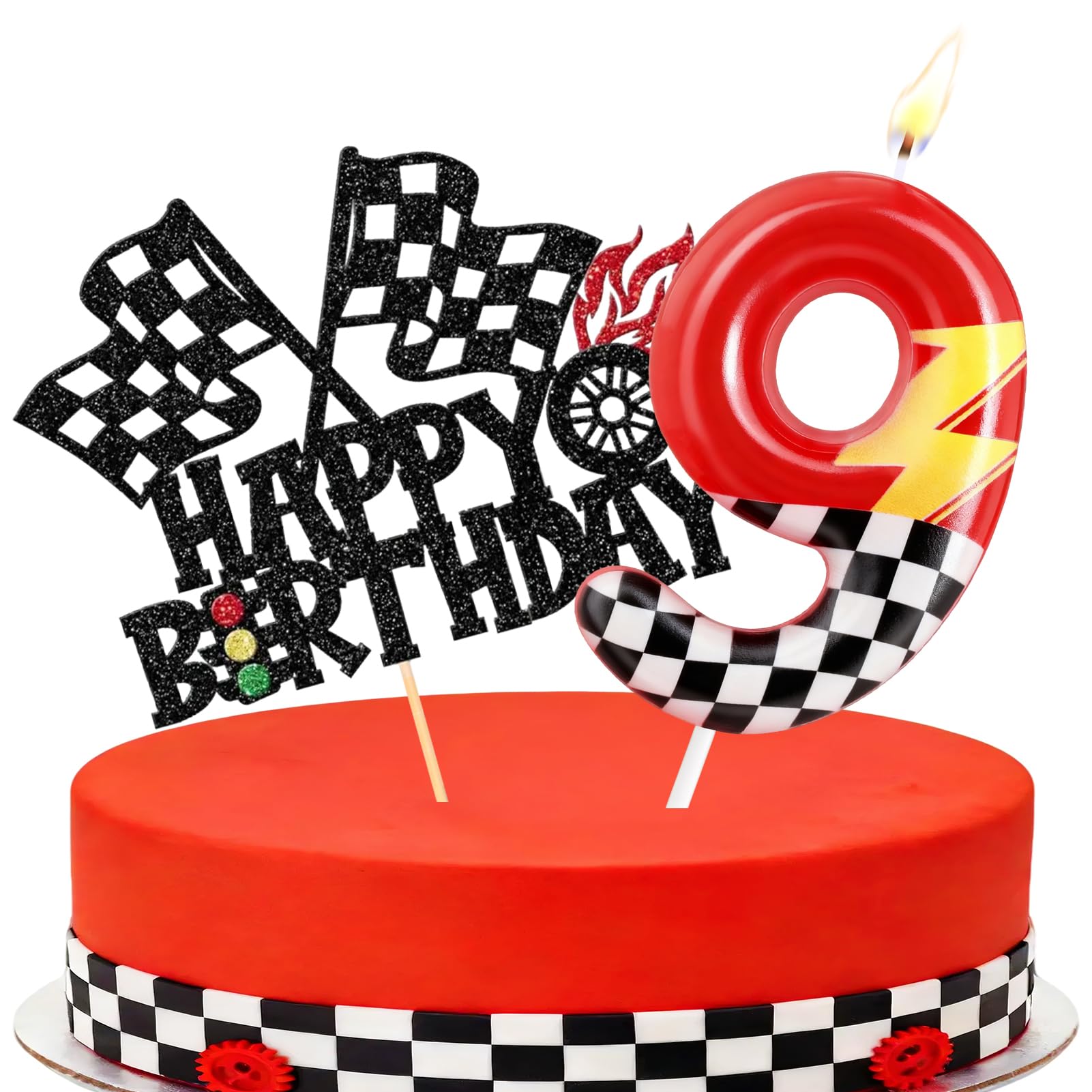 Racing Cars Themed Number Candles, Cake Candles with Greeting Card for Birthday Party Wedding Anniversary Celebrations(9 Candle,Sparkle)