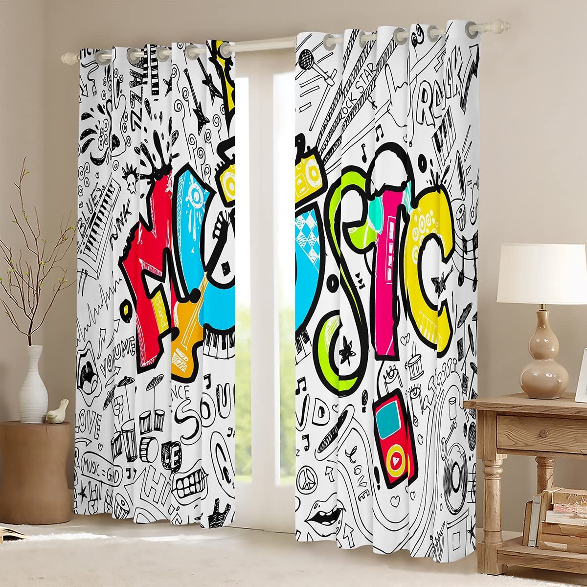 Hippie Graffiti Tende per camera da letto Soggiorno per bambini Ragazzi Ragazze Hip Hop Musica Oscuramento Tende a tema musicale Grunge Art Finestra Trattamenti W52* L90